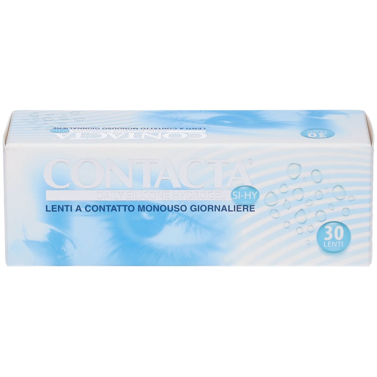 Confezione di lenti a contatto. Scritta CONTACTA, Daily Silicone Hydrogel, Lenti a Contatto Monouso Giornaliere. 30 pezzi.