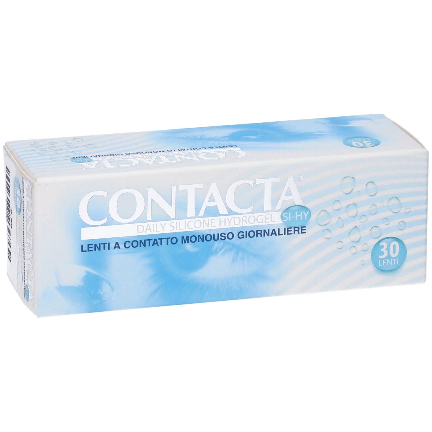Confezione di lenti a contatto. Scritta CONTACTA, Daily Silicone Hydrogel, Lenti a Contatto Monouso Giornaliere. 30 pezzi.