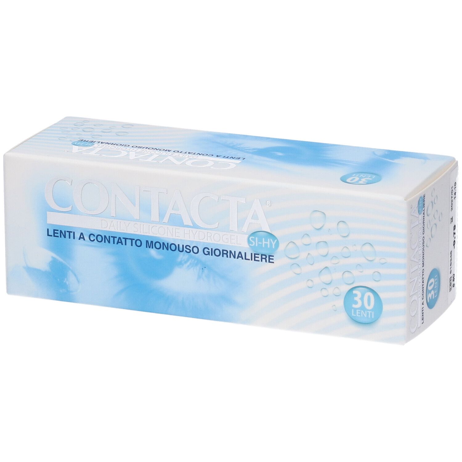 Confezione di lenti a contatto. Scritta CONTACTA, Daily Silicone Hydrogel, 30 lenti. Colori blu e bianco.