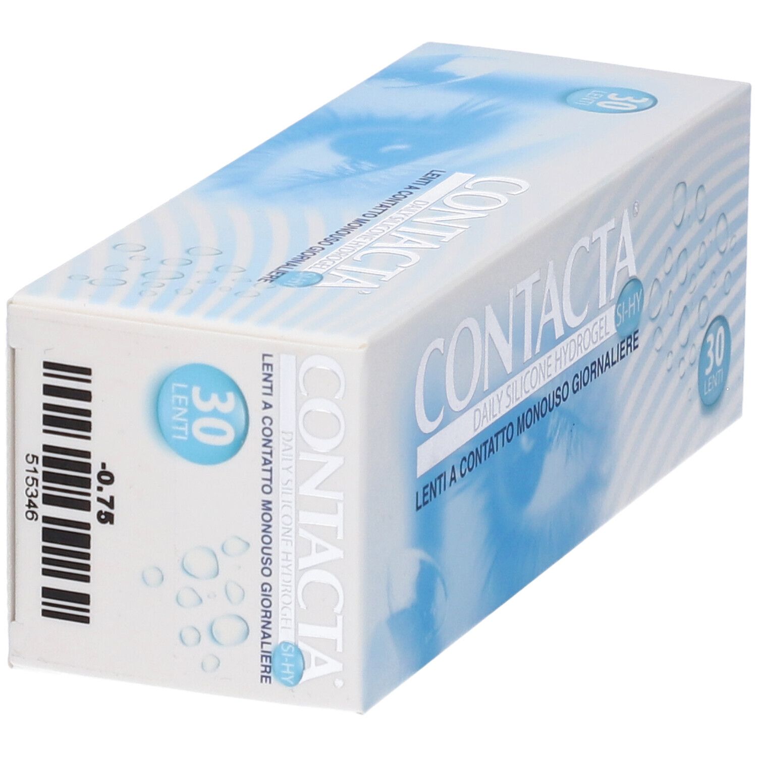 Confezione di lenti a contatto in diagonale. Scritta CONTACTA, 30 lenti. Codice a barre e -0,75.