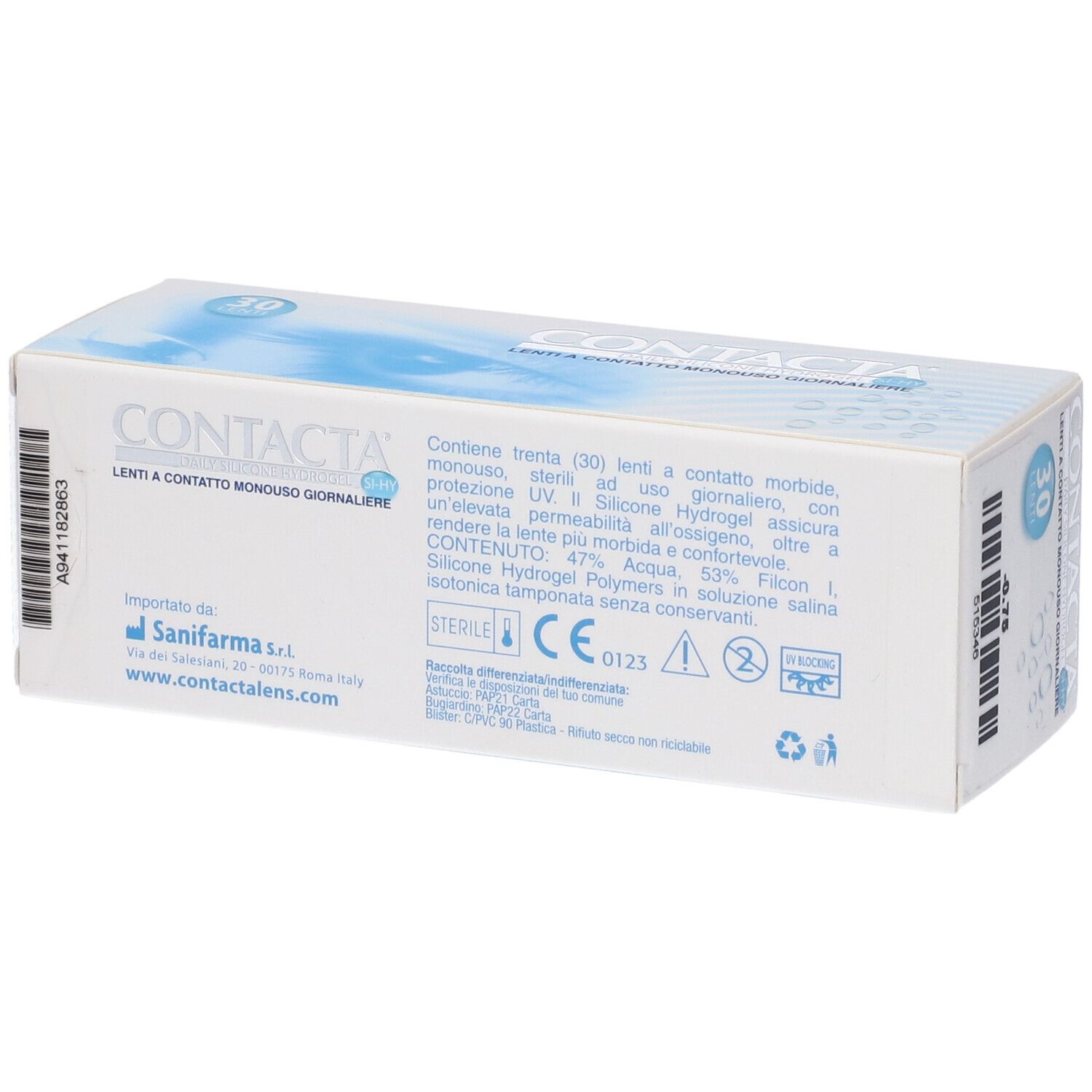 Retro della confezione di lenti a contatto. Informazioni testuali, ingredienti, dettagli del produttore, marchio CE.