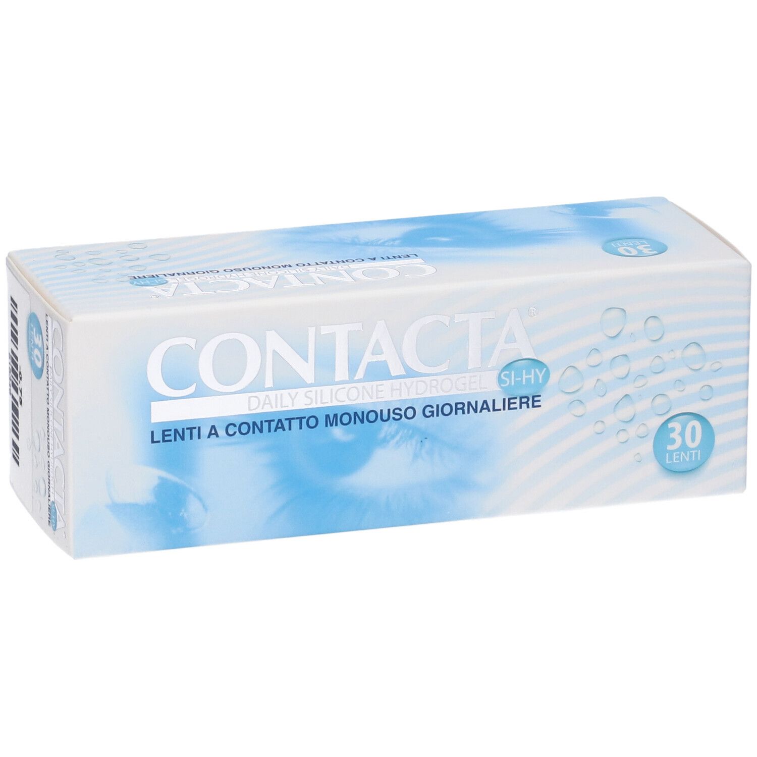 Confezione di lenti a contatto. Scritta CONTACTA, Daily Silicone Hydrogel, 30 lenti. Colori blu e bianco.