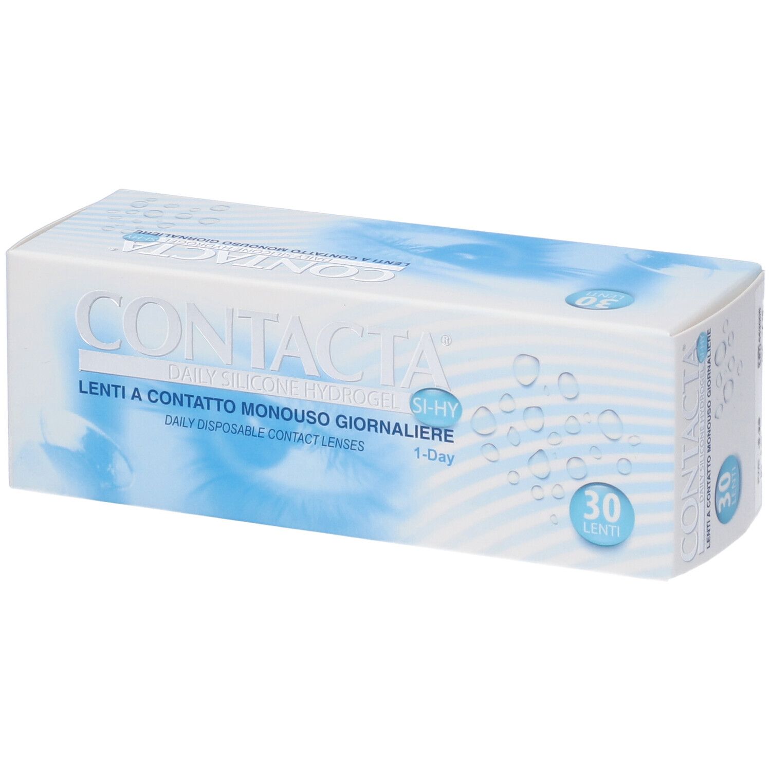 Confezione di lenti a contatto. Scritta CONTACTA, Lenti a contatto monouso giornaliere. 30 lenti.