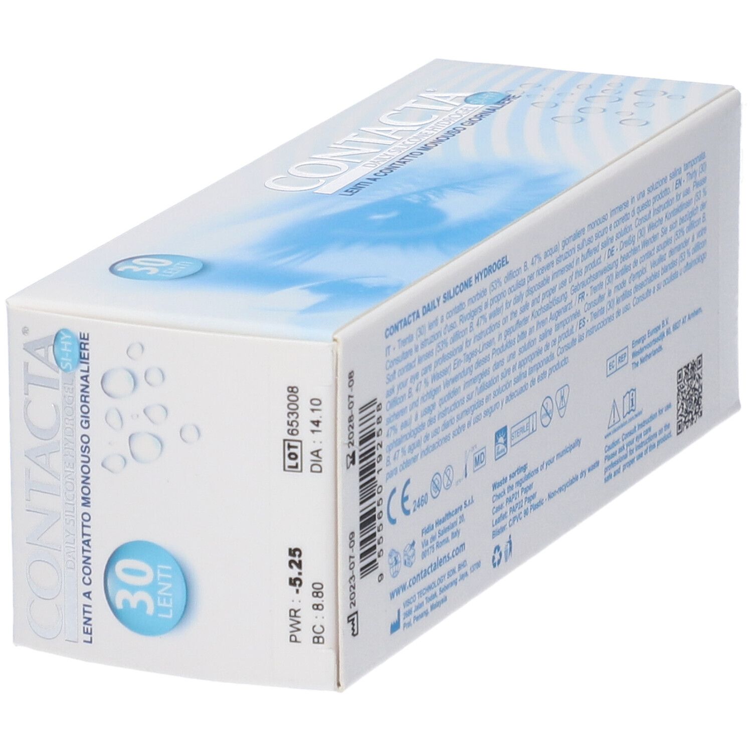 Vista obliqua della confezione di lenti a contatto. Scritta CONTACTA, Lenti a contatto monouso giornaliere. 30 lenti.