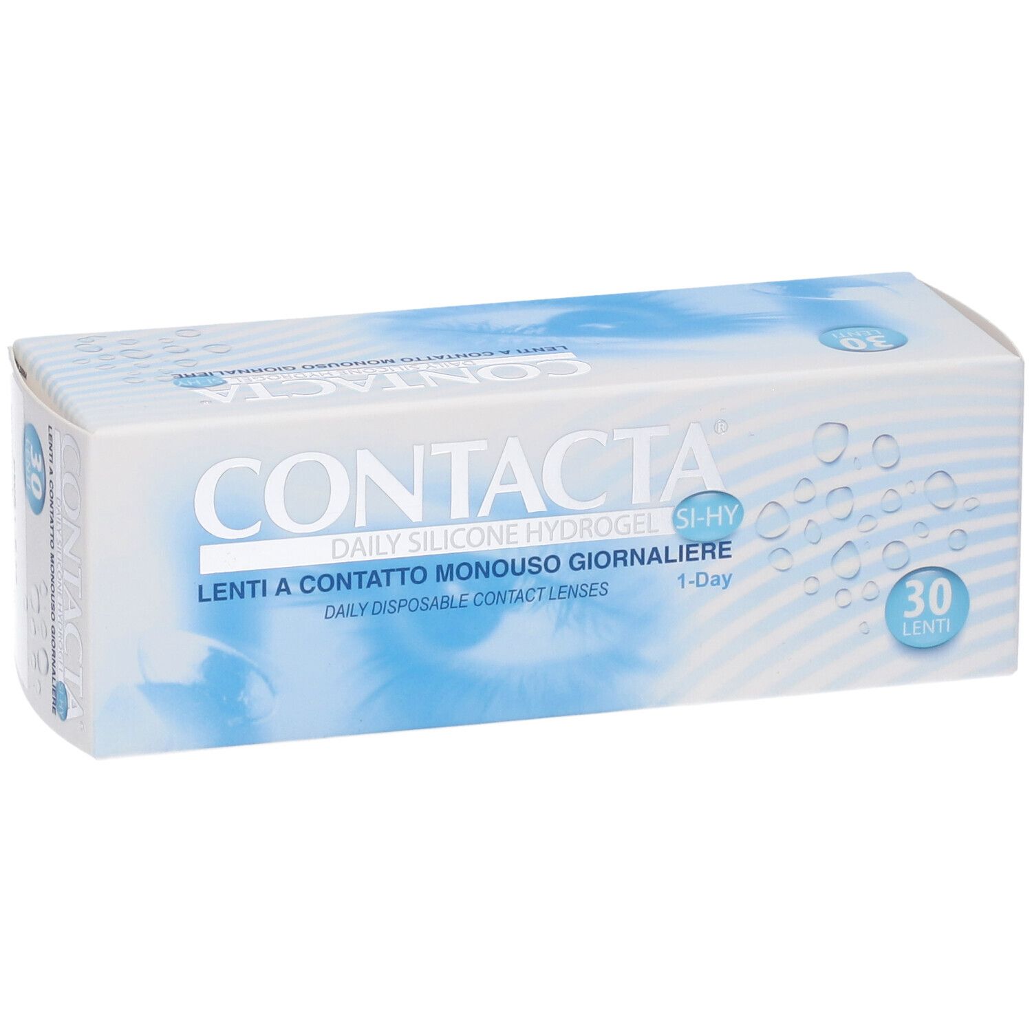 Confezione di lenti a contatto. Scritta CONTACTA, Lenti a Contatto Monouso Giornaliere, 30 pezzi.