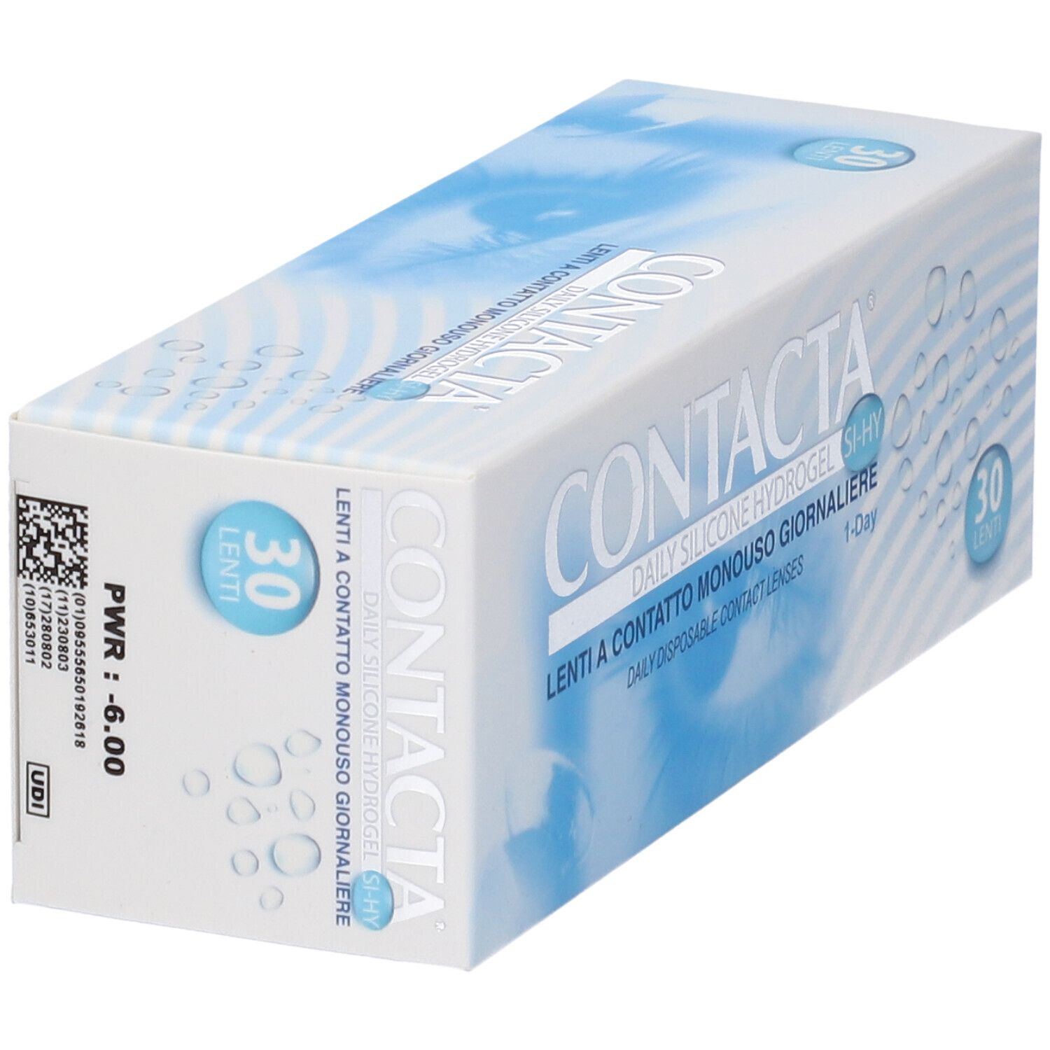 Confezione di lenti a contatto. Scritta CONTACTA, Lenti a Contatto Monouso Giornaliera, 30 pezzi. -6.00.