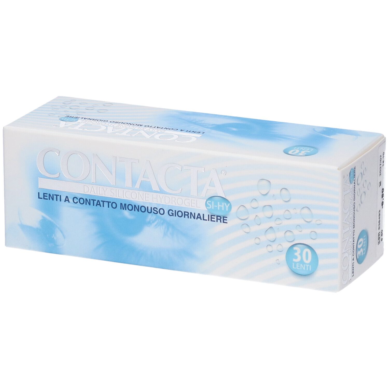 Scatola di lenti a contatto CONTACTA. Silicone hydrogel giornaliero, 30 lenti. Confezione bianca e blu.