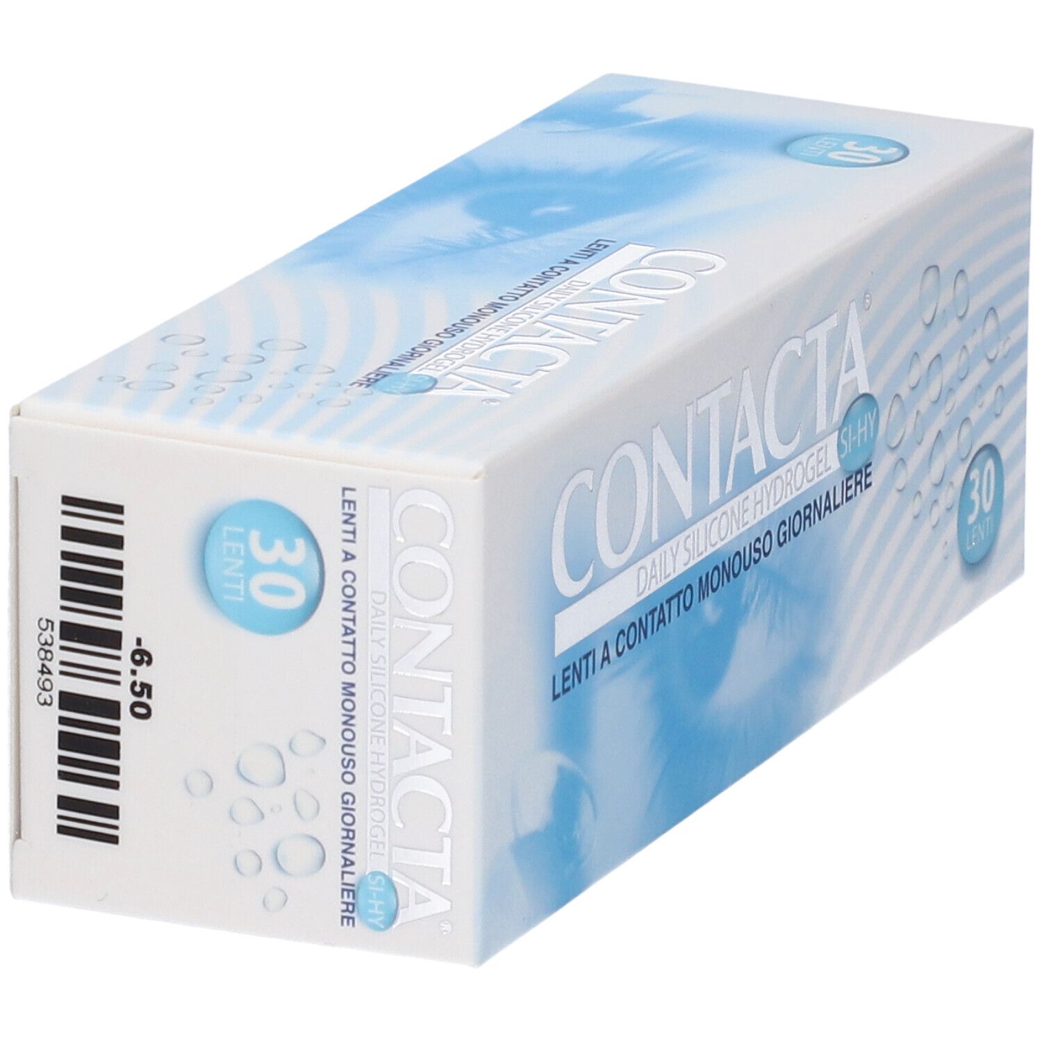 Scatola di lenti CONTACTA, 30 lenti. Codice a barre e -6,50. Confezione bianca e blu.