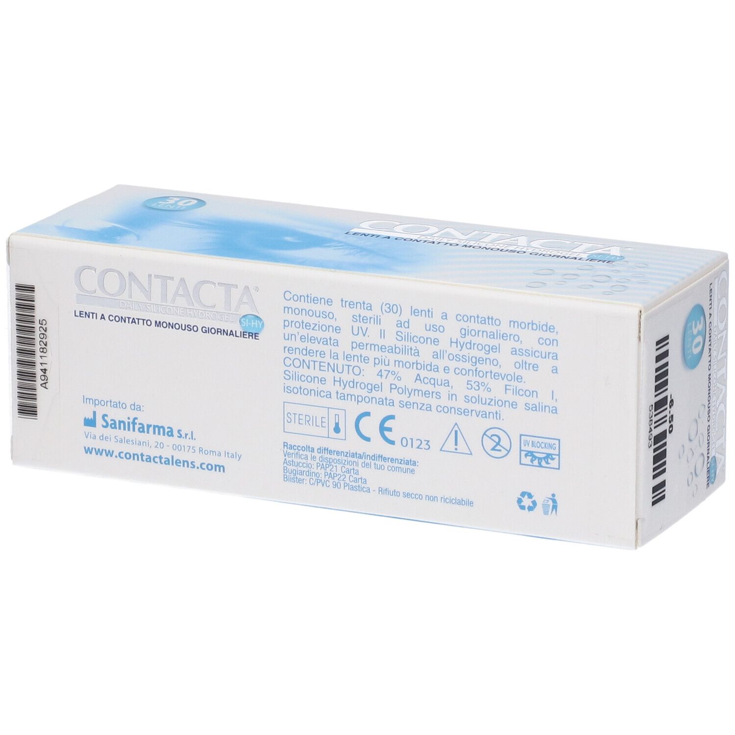 Scatola di lenti CONTACTA, 30 lenti. Retro con informazioni e certificazioni.