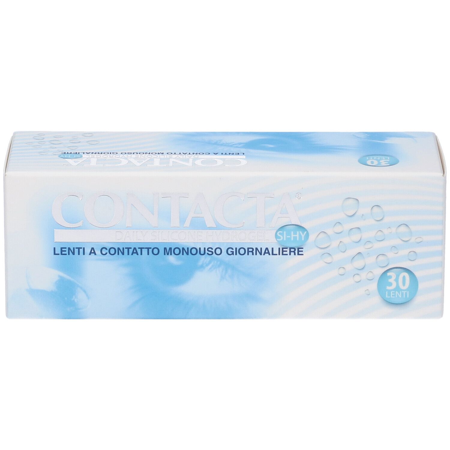 Scatola di lenti a contatto CONTACTA. Silicone hydrogel giornaliero, 30 lenti. Confezione bianca e blu.