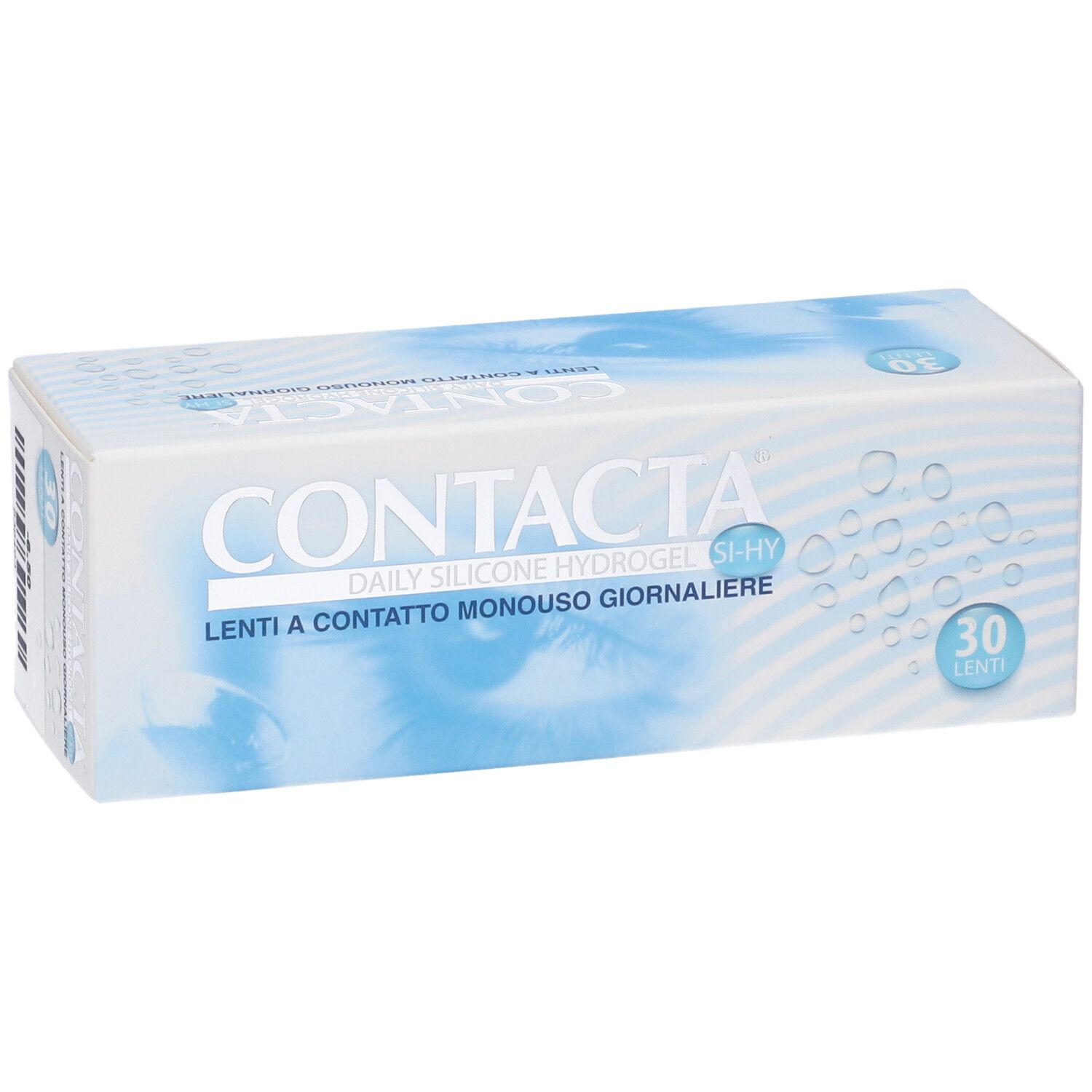Scatola di lenti a contatto CONTACTA. Silicone hydrogel giornaliero, 30 lenti. Confezione bianca e blu.