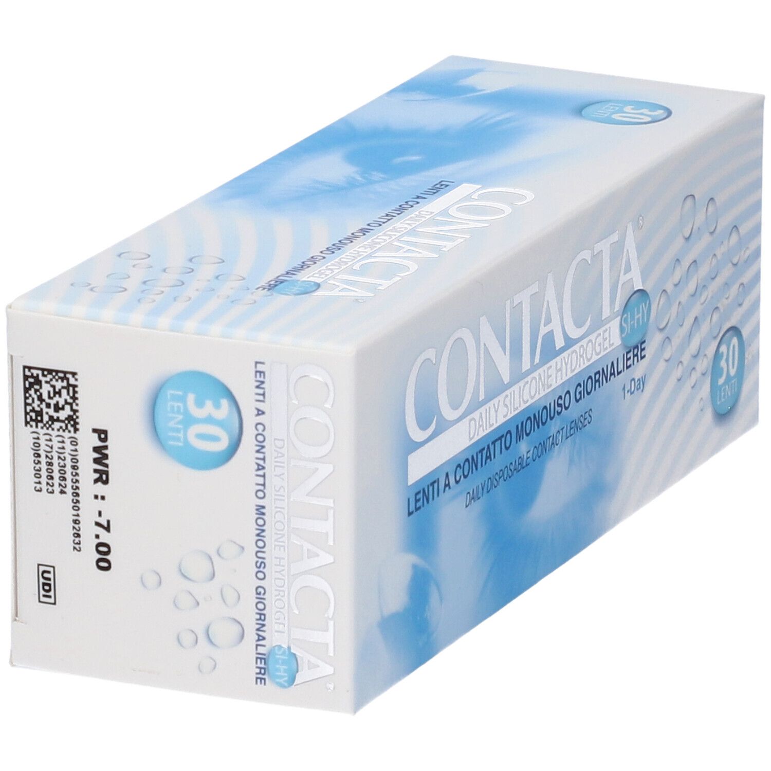 Confezione di lenti a contatto. Testo: CONTACTA, Lenti a Contatto Monouso Giornaliere, Daily Disposable Contact Lenses. 30 lenti. PWR -7.00.