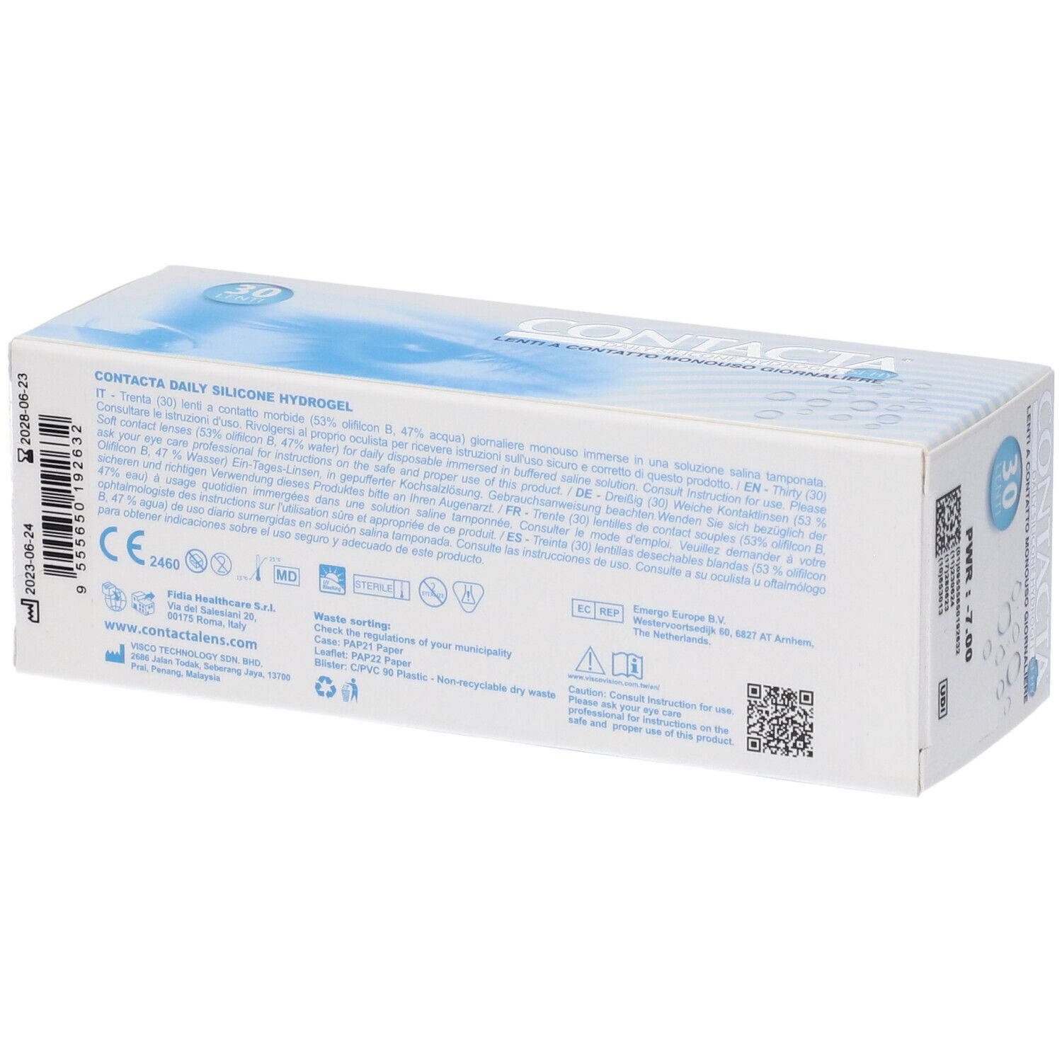 Retro della confezione di lenti a contatto. Testo: CONTACTA Daily Silicone Hydrogel. 30 lenti. Marchio CE. Codice QR.