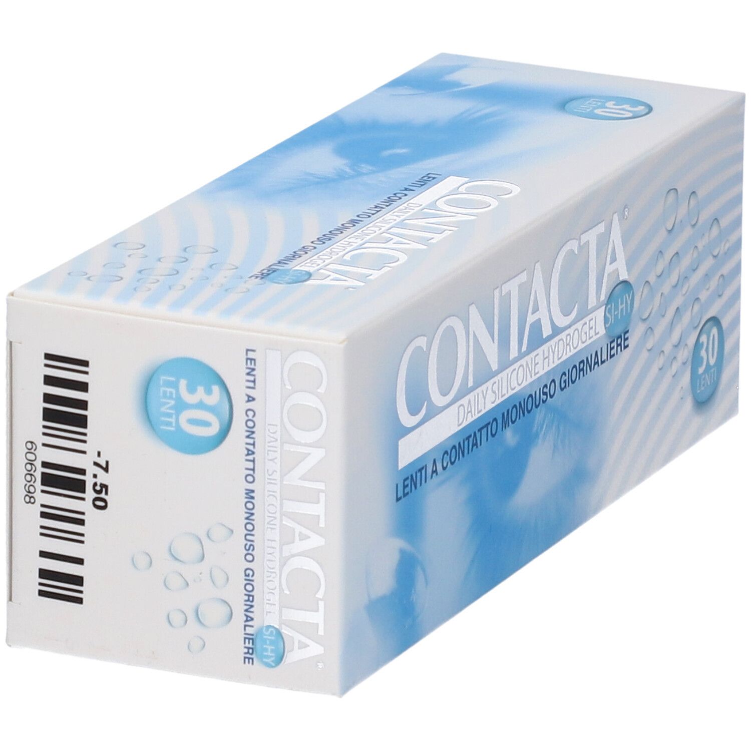 Vista obliqua della scatola di lenti. Logo "Contacta". Testo "Lenti giornaliere". 30 lenti. Codice a barre e -7,50.