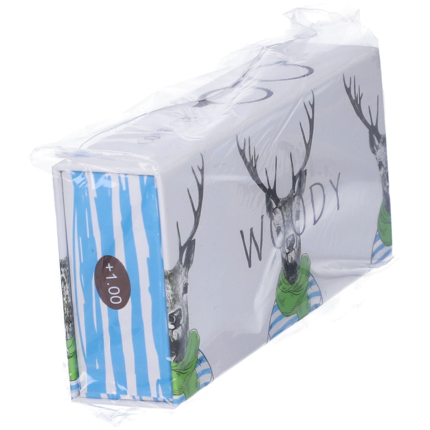 Confezione con illustrazione di cervo, scritta "WOODY" e +1,00. Confezionato in plastica.