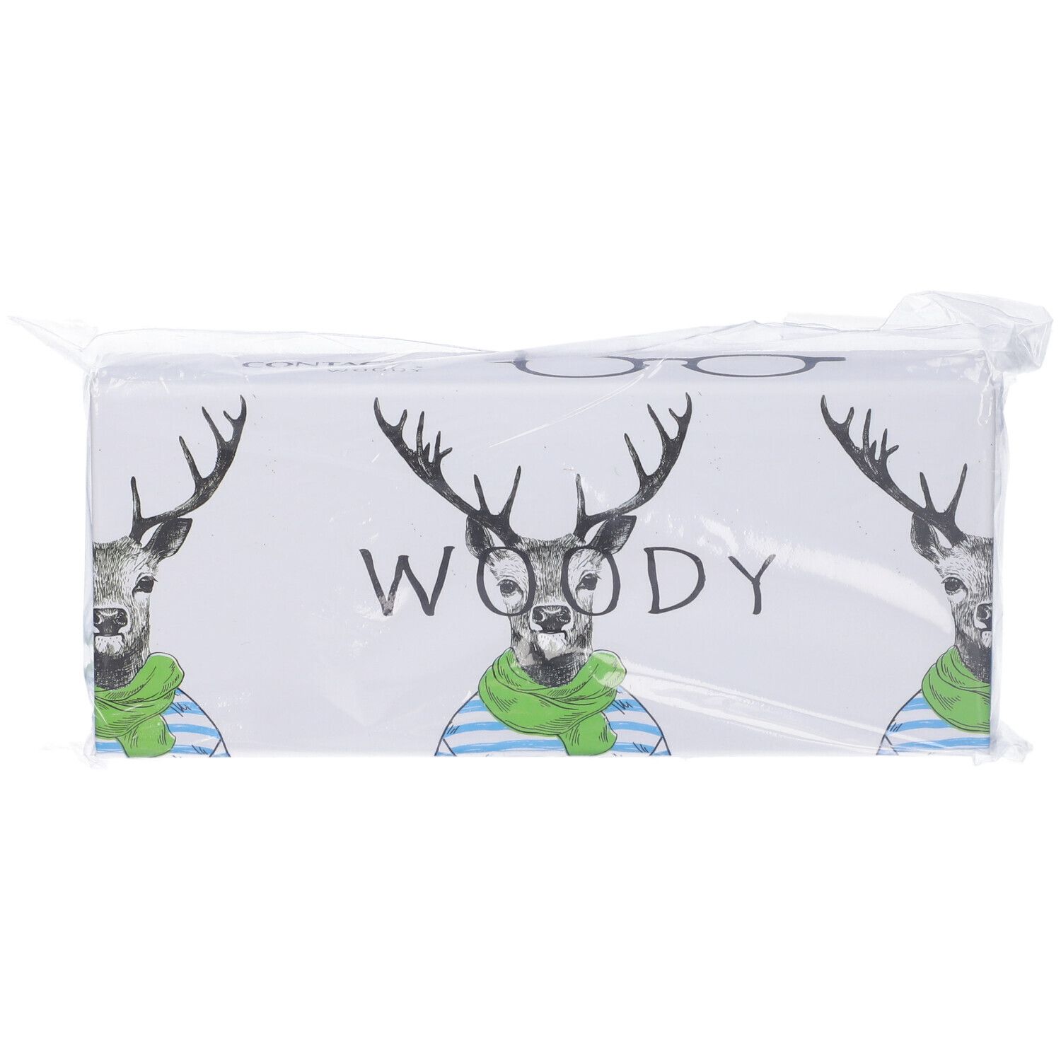 Confezione con illustrazione di cervo e scritta "WOODY". Confezionato in plastica.