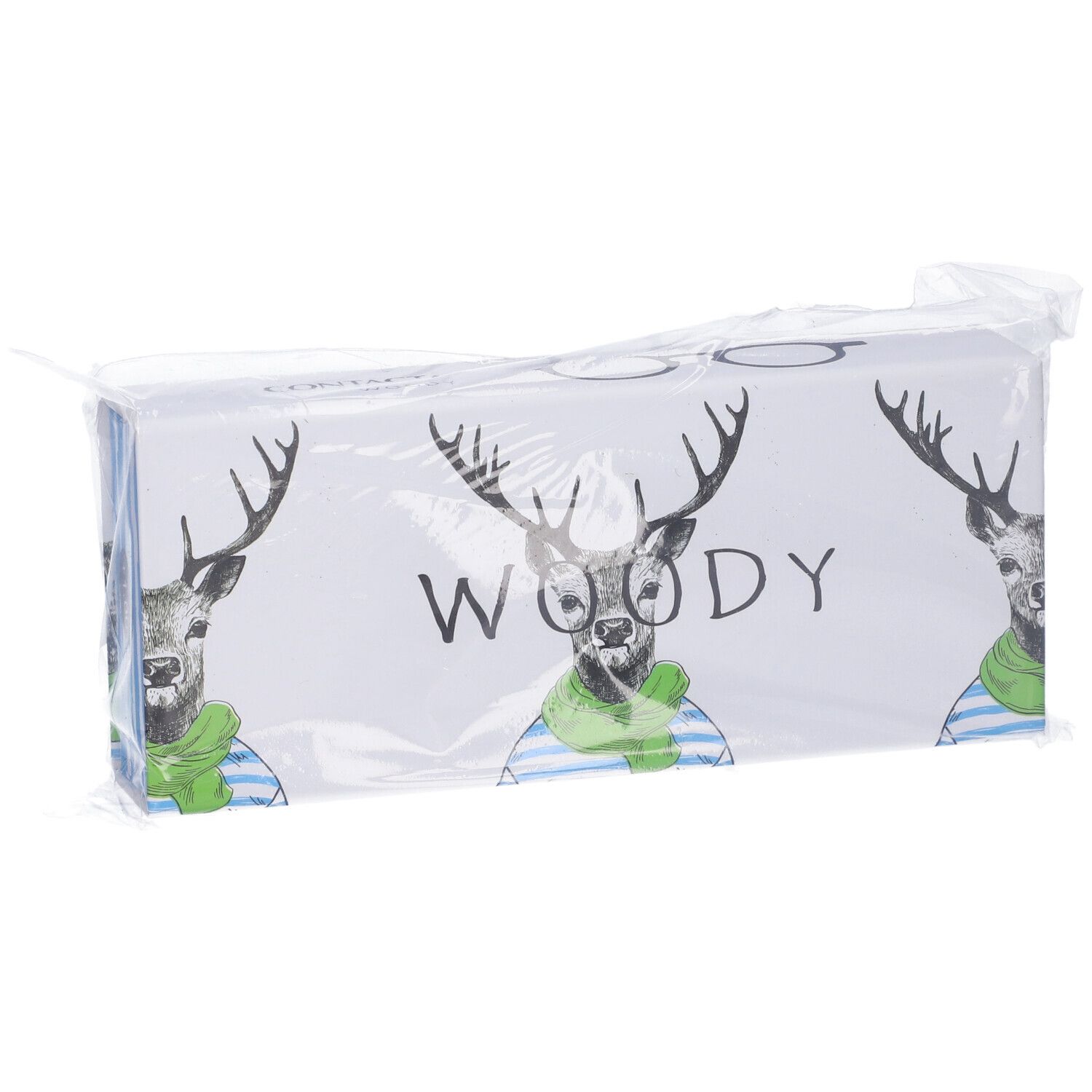 Confezione con illustrazione di cervo e scritta "WOODY". Confezionato in plastica.