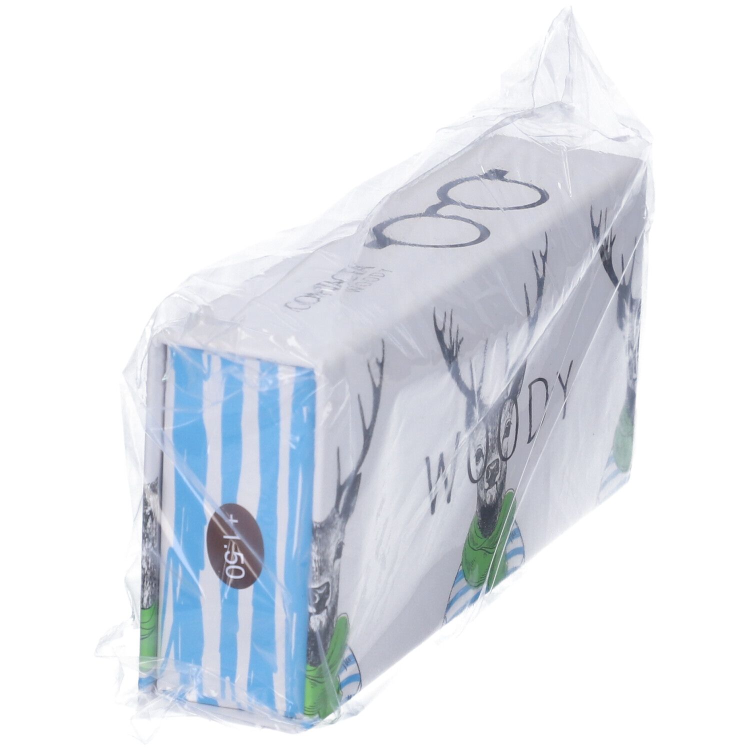 Confezione con astuccio per occhiali. Stampa: Woody, cervo con occhiali e sciarpa. +1,50 sul lato. In plastica.