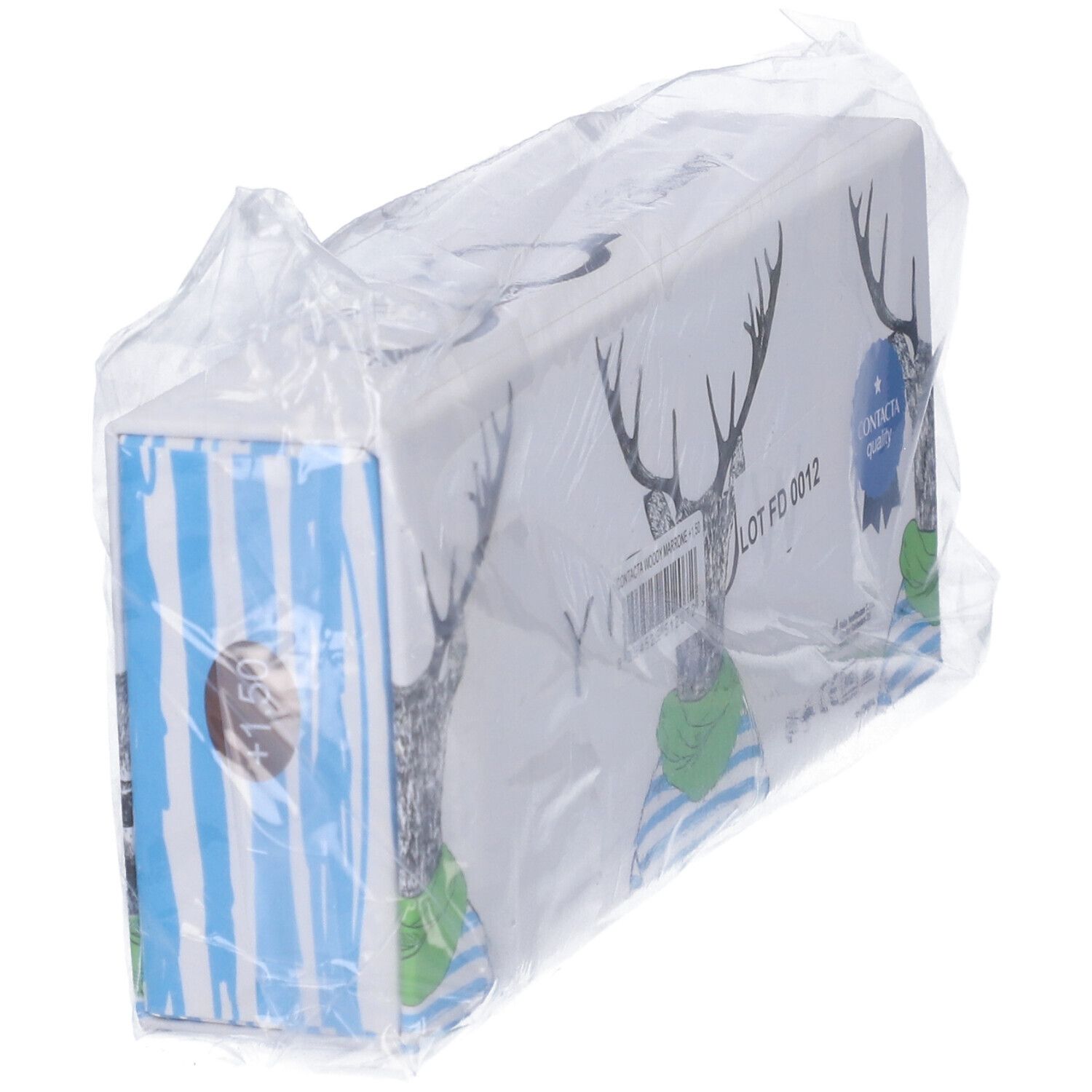 Confezione con astuccio per occhiali. Stampa: Woody, cervo con occhiali e sciarpa. Qualità Contacta. In plastica.