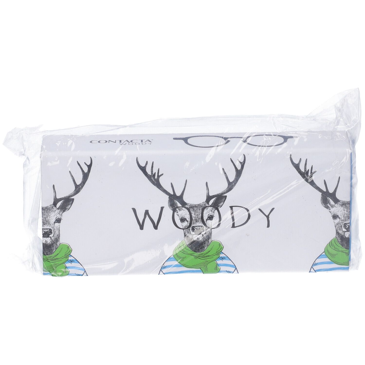 Confezione con astuccio per occhiali. Stampa: Woody, cervo con occhiali e sciarpa. Confezionato in plastica.