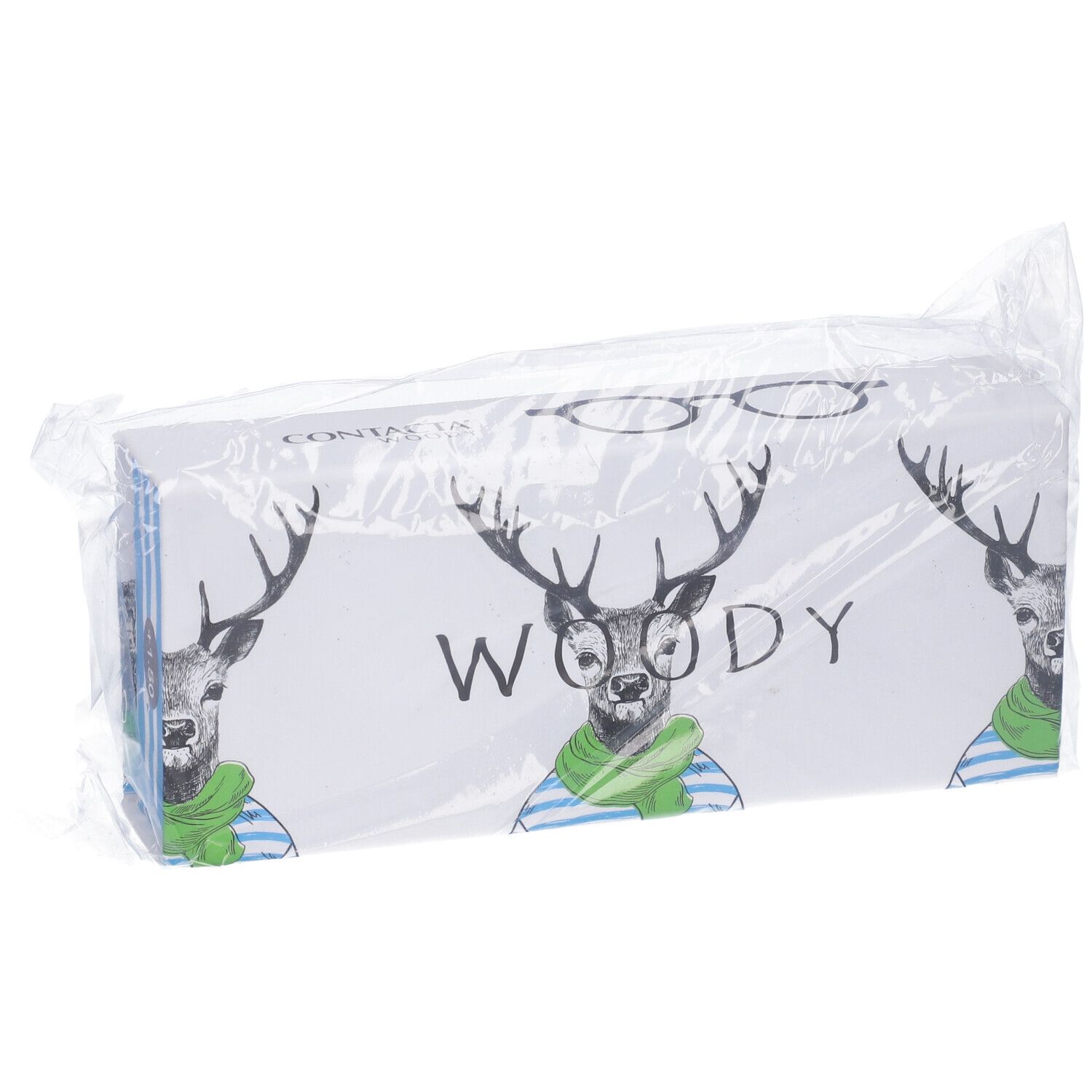 Confezione con astuccio per occhiali. Stampa: Woody, cervo con occhiali e sciarpa. Confezionato in plastica.