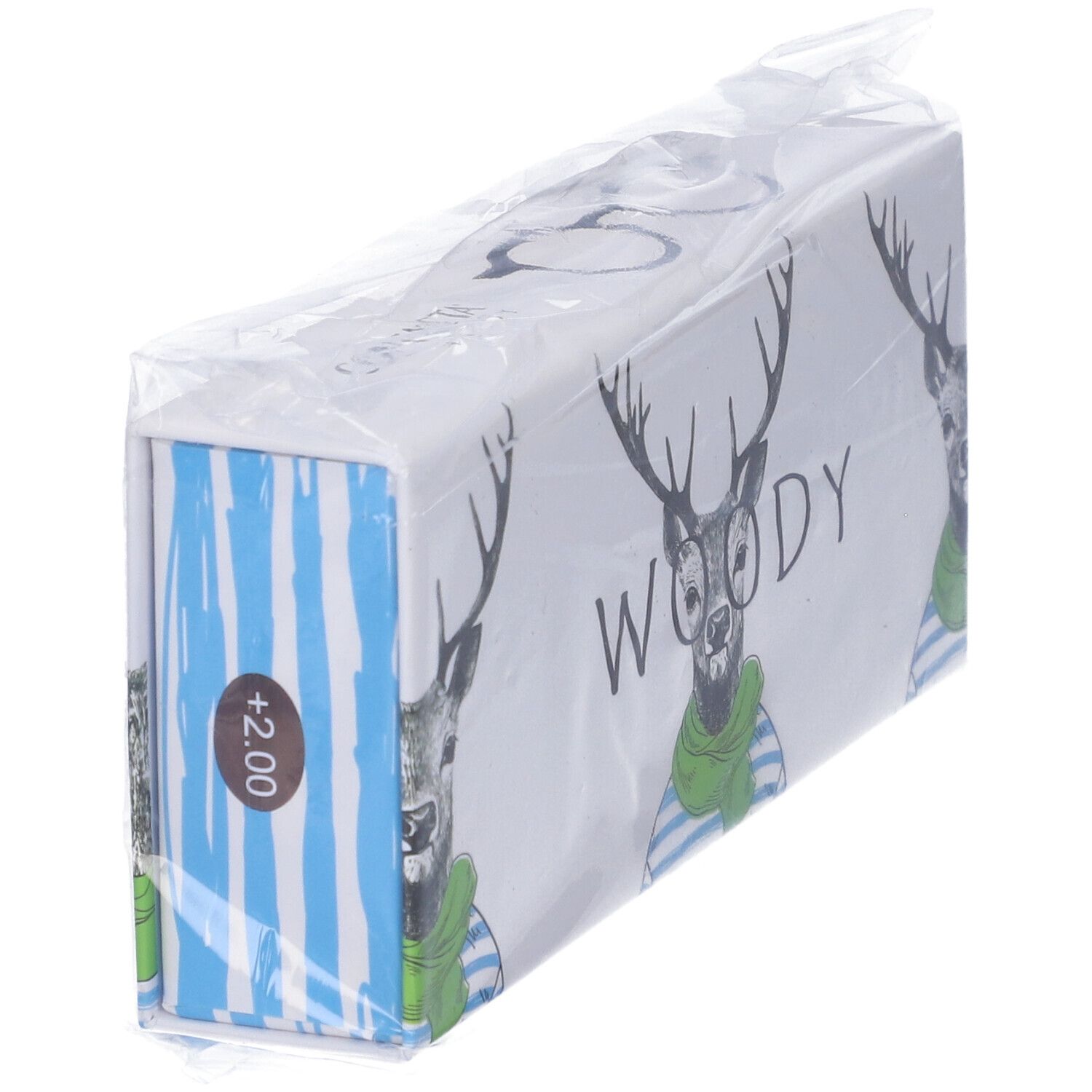 Confezione con illustrazione di cervo, scritta "WOODY". Stampa "+2,00". Confezionato in plastica.