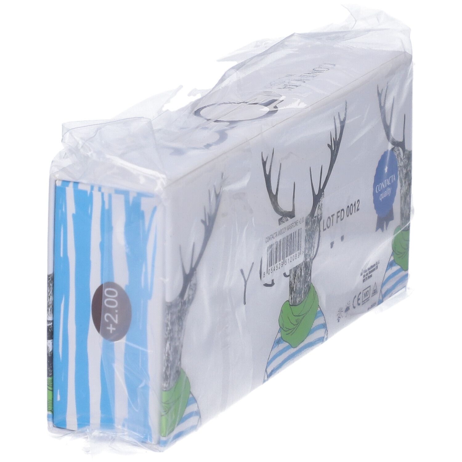 Confezione con illustrazione di cervo, scritta "CONTACTA quality". Stampa "+2,00". Confezionato in plastica.