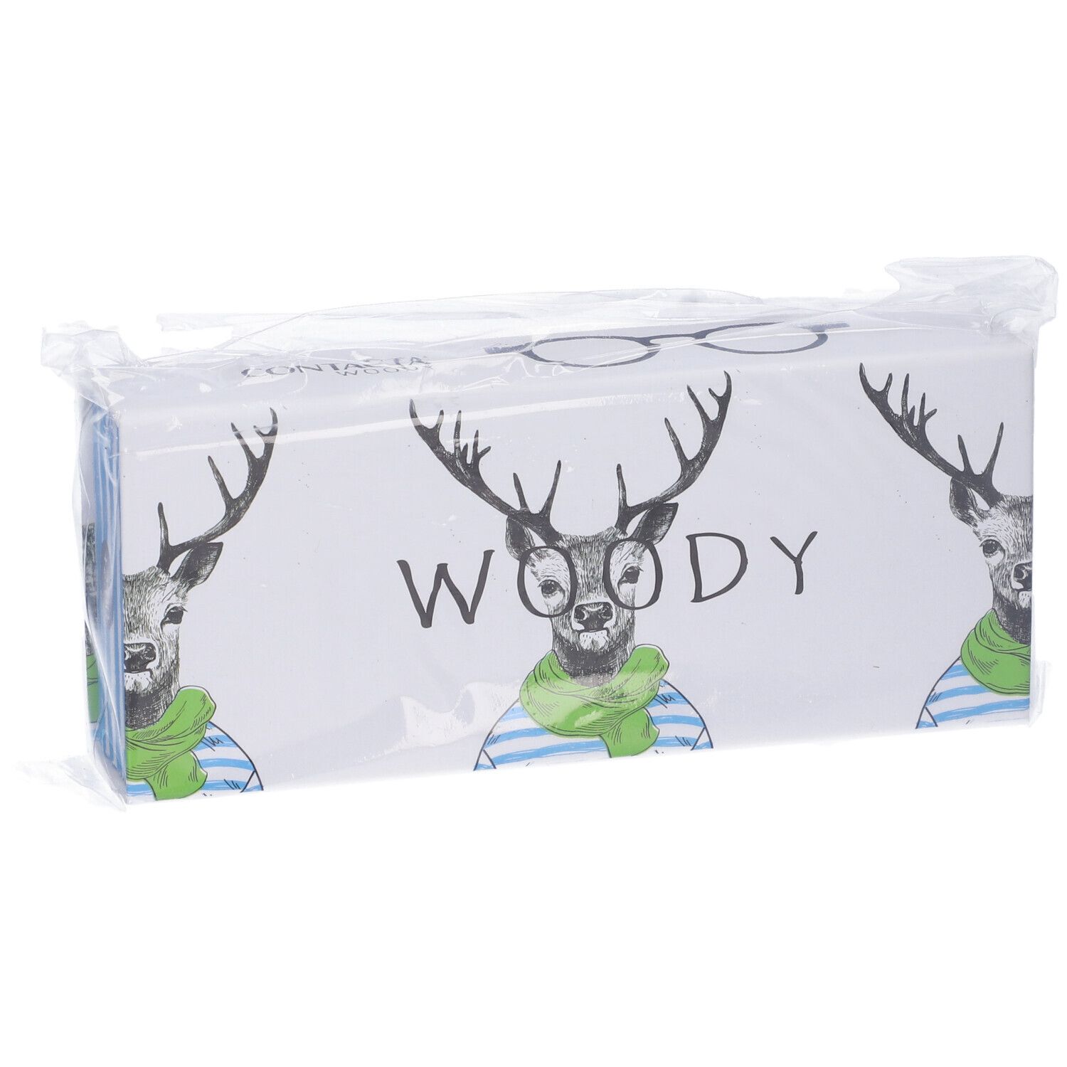 Confezione con illustrazione di cervo, scritta "WOODY". Confezionato in plastica.