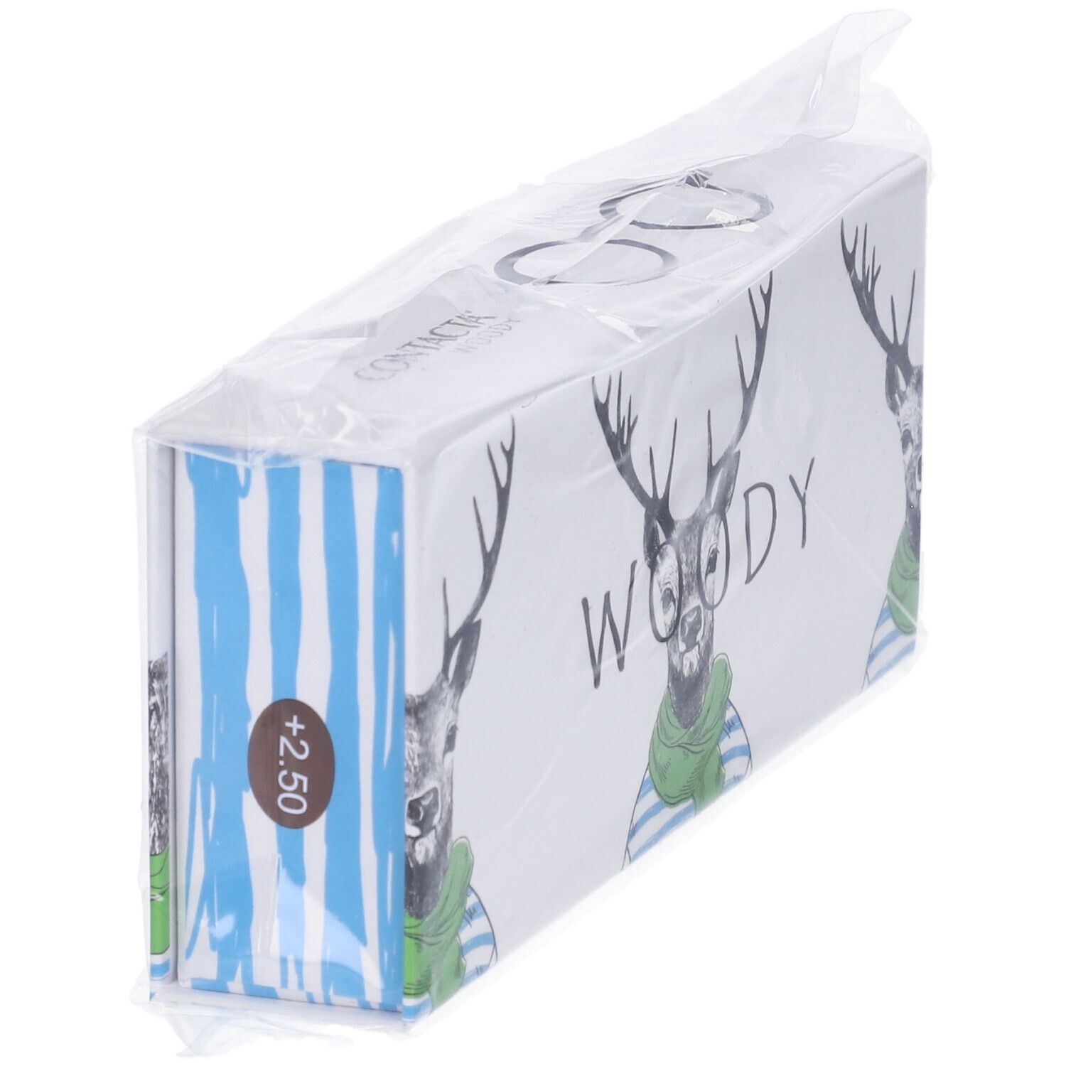 Confezione di occhiali. Stampa: cervo con occhiali e sciarpa. Testo: Woody, Contacta. +2,50.
