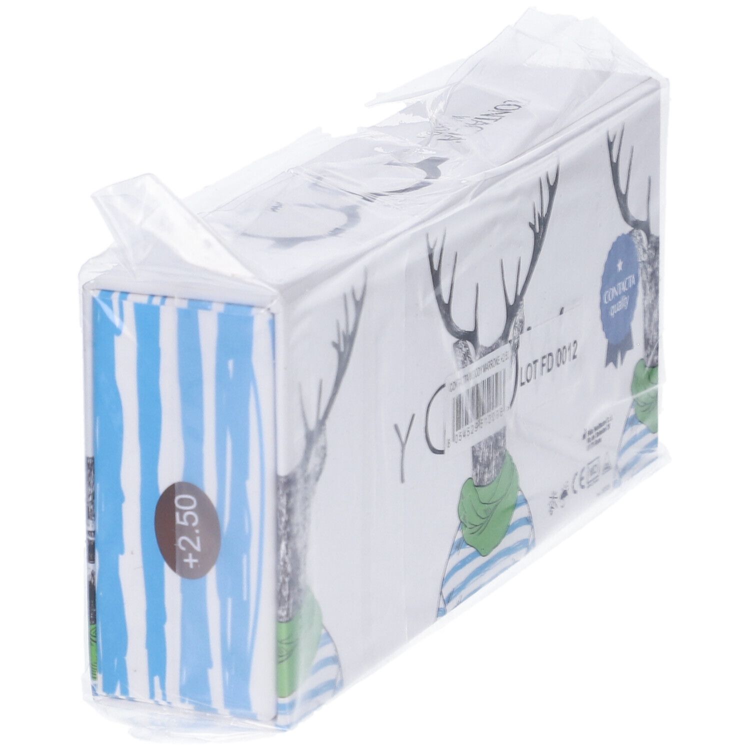 Confezione di occhiali. Stampa: cervo con occhiali e sciarpa. Testo: Contacta quality. Lot FD 0012. +2,50.
