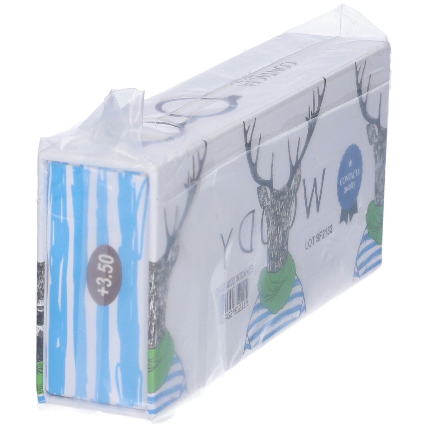 Confezione di occhiali. Stampa: Woody, cervo con occhiali e sciarpa. Contacta Quality. +3,50. Confezionato.