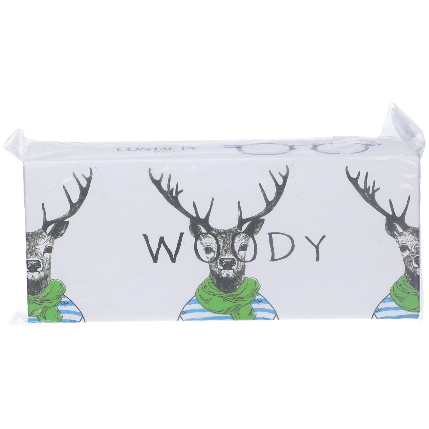Confezione di occhiali. Stampa: Woody, cervo con occhiali e sciarpa. Confezionato in plastica.