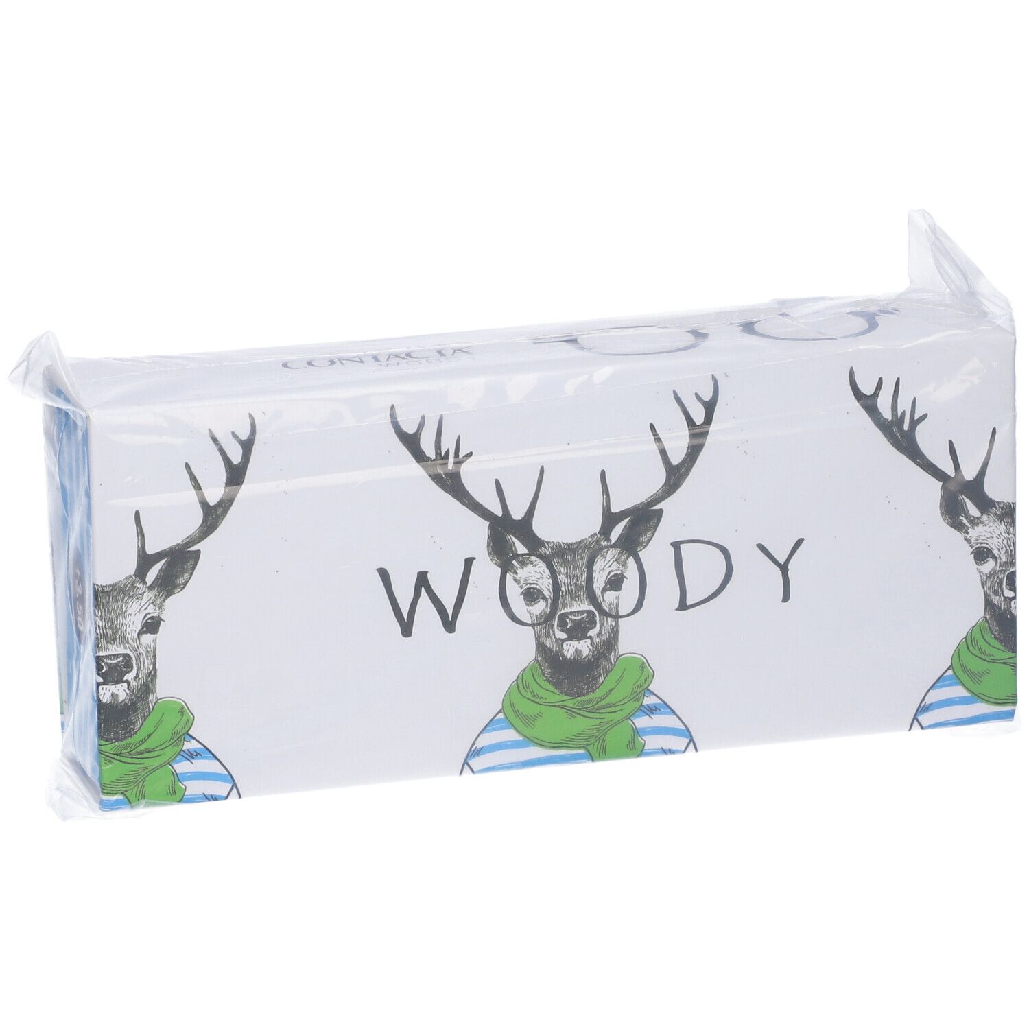 Confezione di occhiali. Stampa: Woody, cervo con occhiali e sciarpa. Confezionato in plastica.