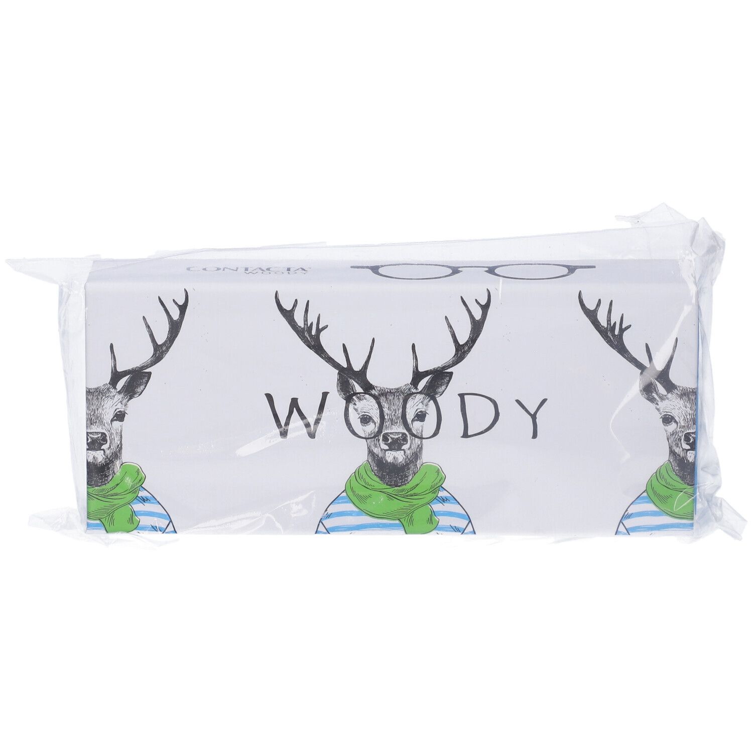 Confezione di occhiali. Stampa: Woody, cervo con occhiali e sciarpa. Confezionato in plastica.