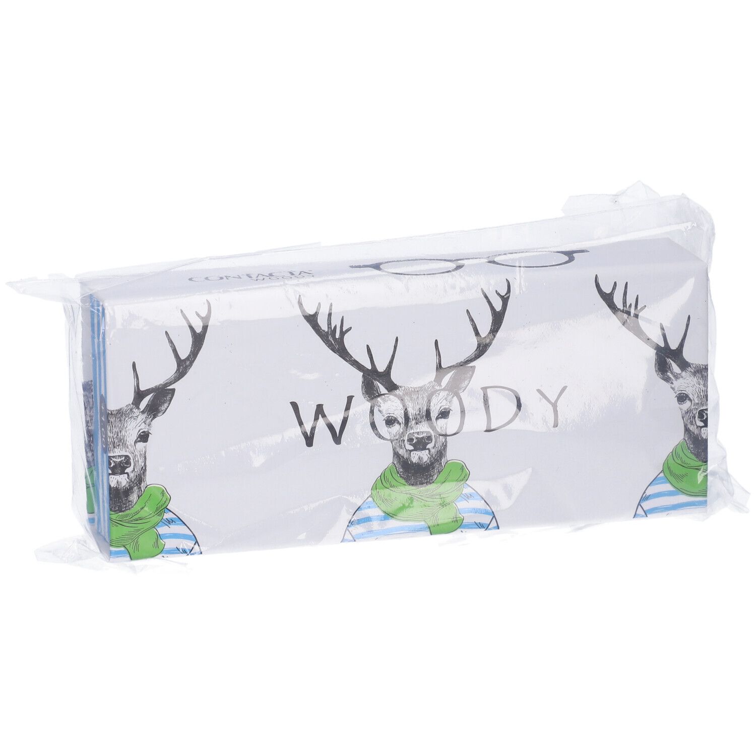 Confezione di occhiali. Stampa: Woody, cervo con occhiali e sciarpa. Confezionato in plastica.
