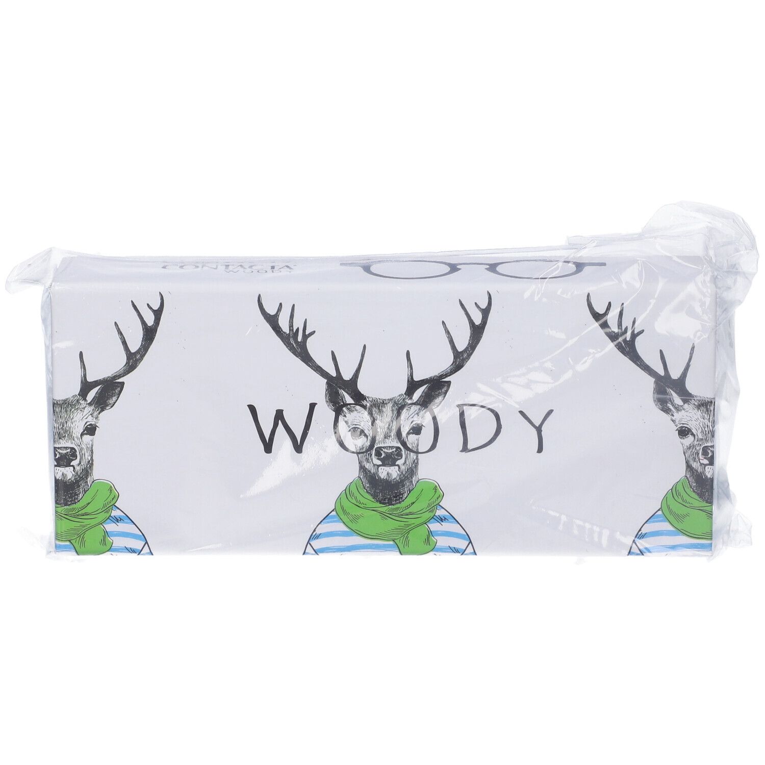 Confezione di occhiali. Motivo: cervo con occhiali e sciarpa. Scritta: WOODY. Confezionato in plastica.