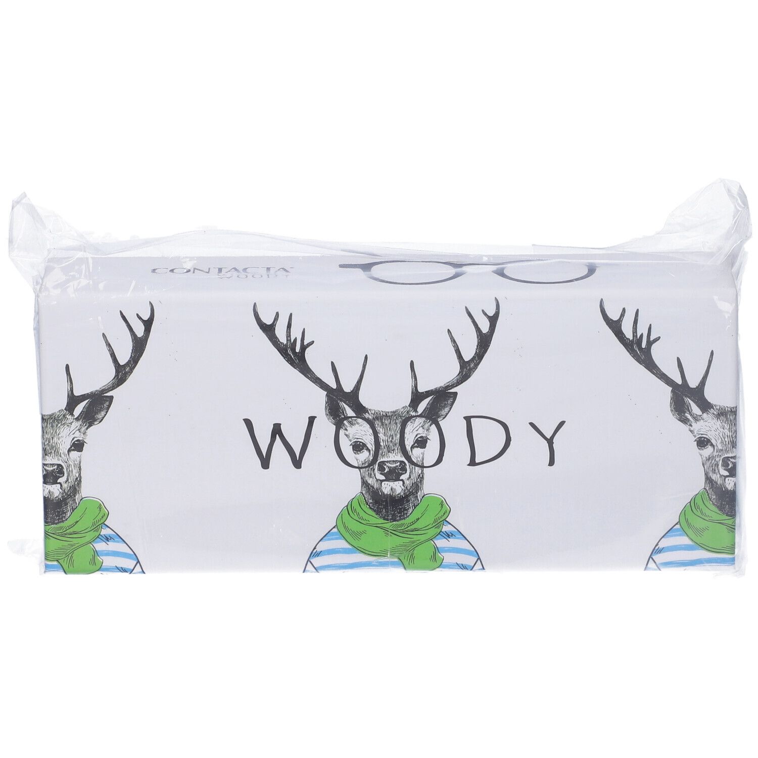 Confezione di occhiali. Stampa: Woody, cervo con occhiali e sciarpa. Confezionato in plastica.