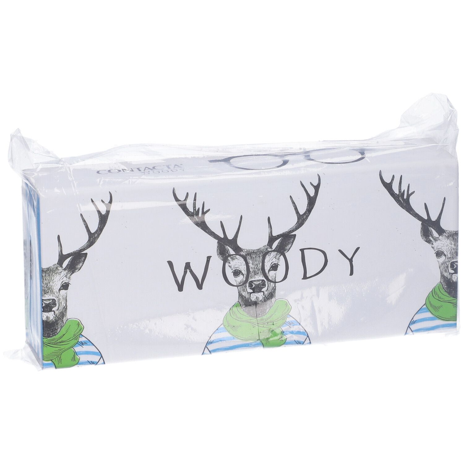 Confezione di occhiali. Stampa: Woody, cervo con occhiali e sciarpa. Confezionato in plastica.