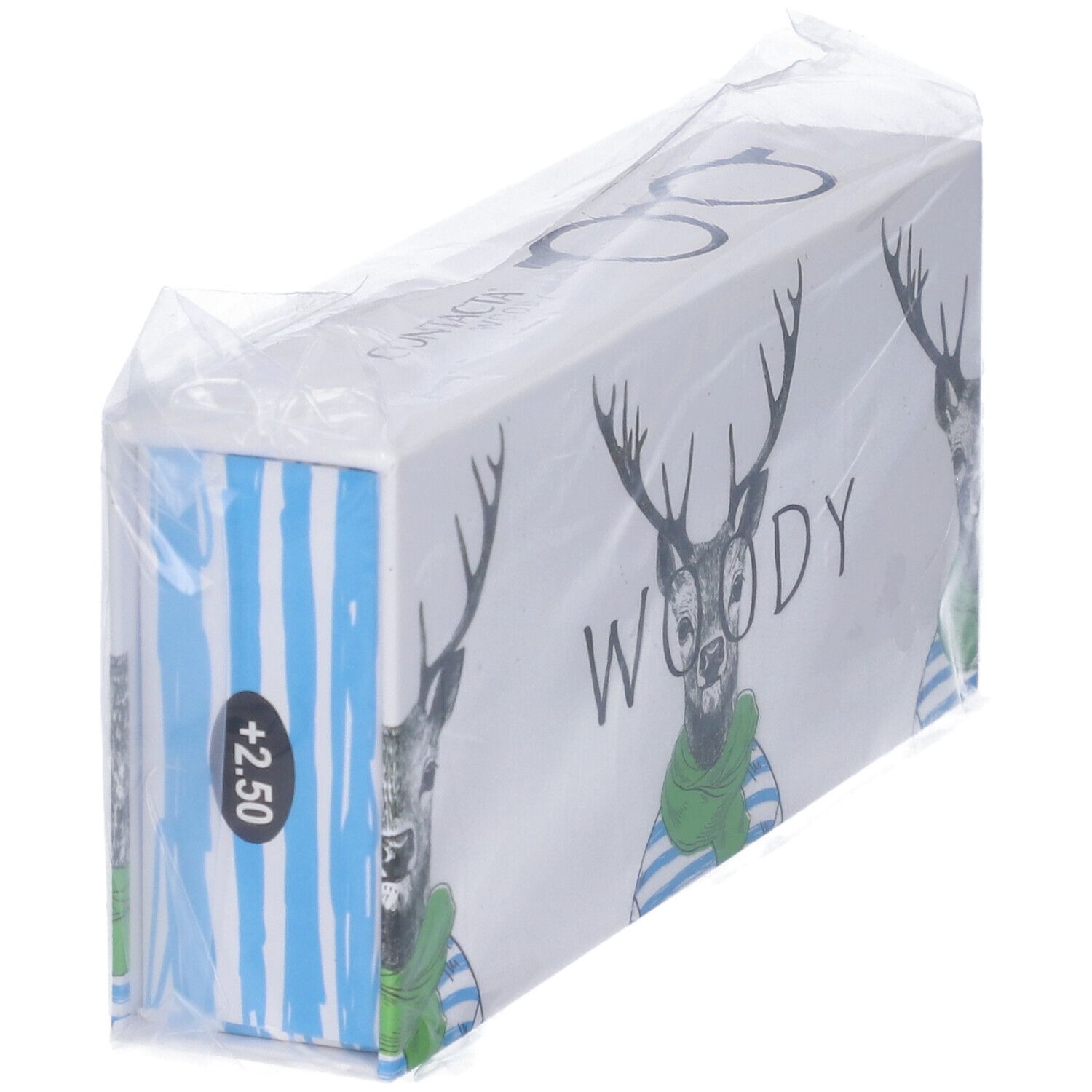 Confezione di occhiali. Stampa: Woody, cervo con occhiali e sciarpa. +2,50. Strisce blu sul lato.