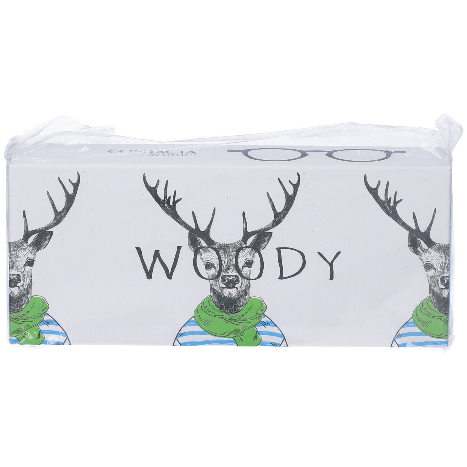 Confezione di occhiali. Stampa: Woody, cervo con occhiali e sciarpa. Strisce blu sul lato.