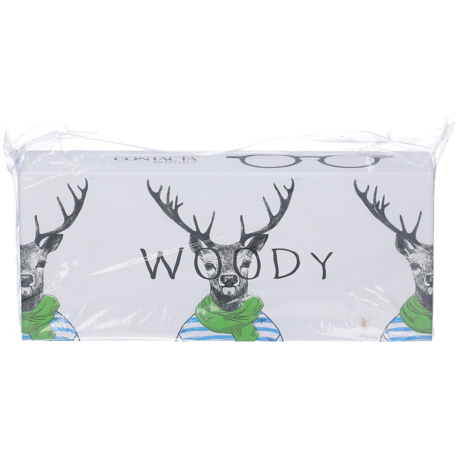 Confezione di occhiali. Motivo cervo, scritta "WOODY". Imballaggio in plastica.