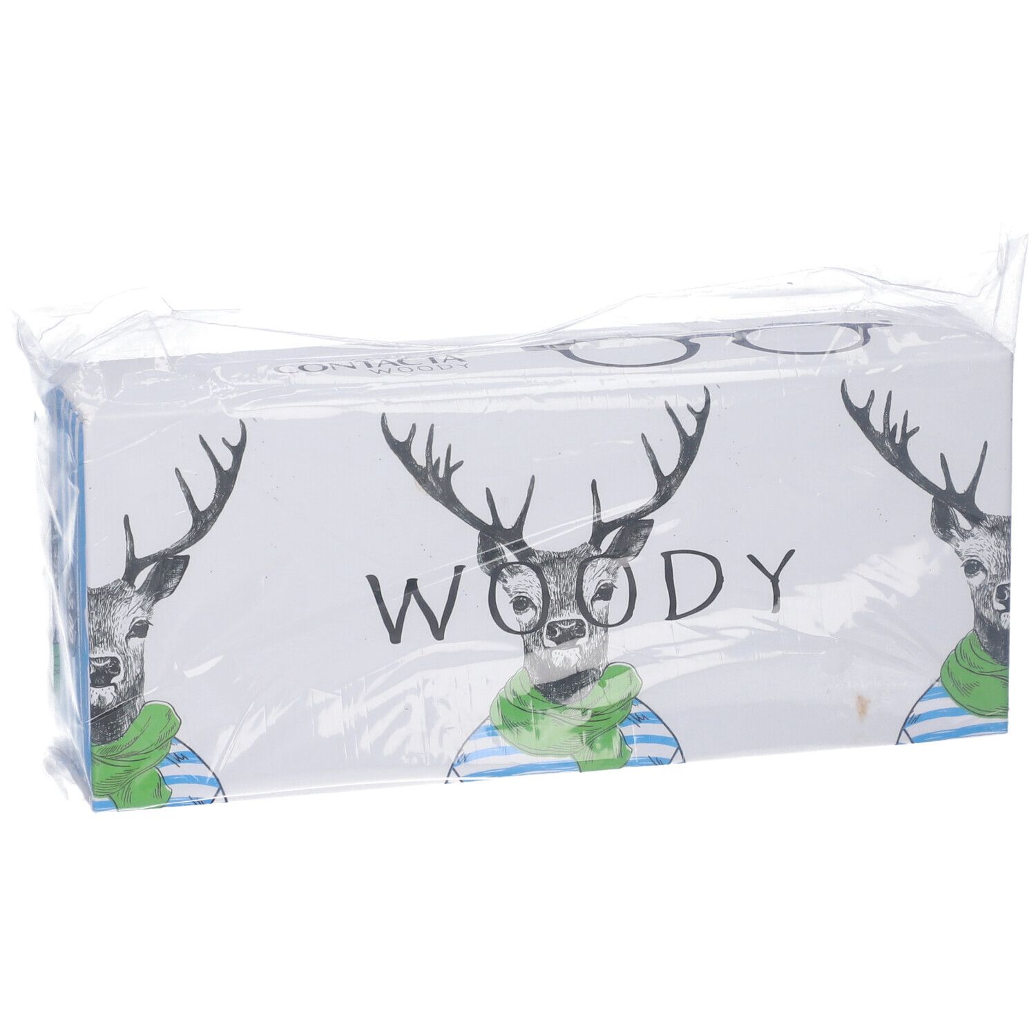 Confezione di occhiali. Motivo cervo, scritta "WOODY". Imballaggio in plastica.