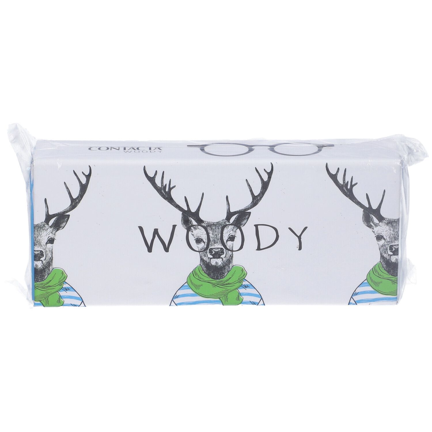 Confezione di occhiali con motivo cervo. Scritta "CONTACTA WOODY". Confezionato in plastica.