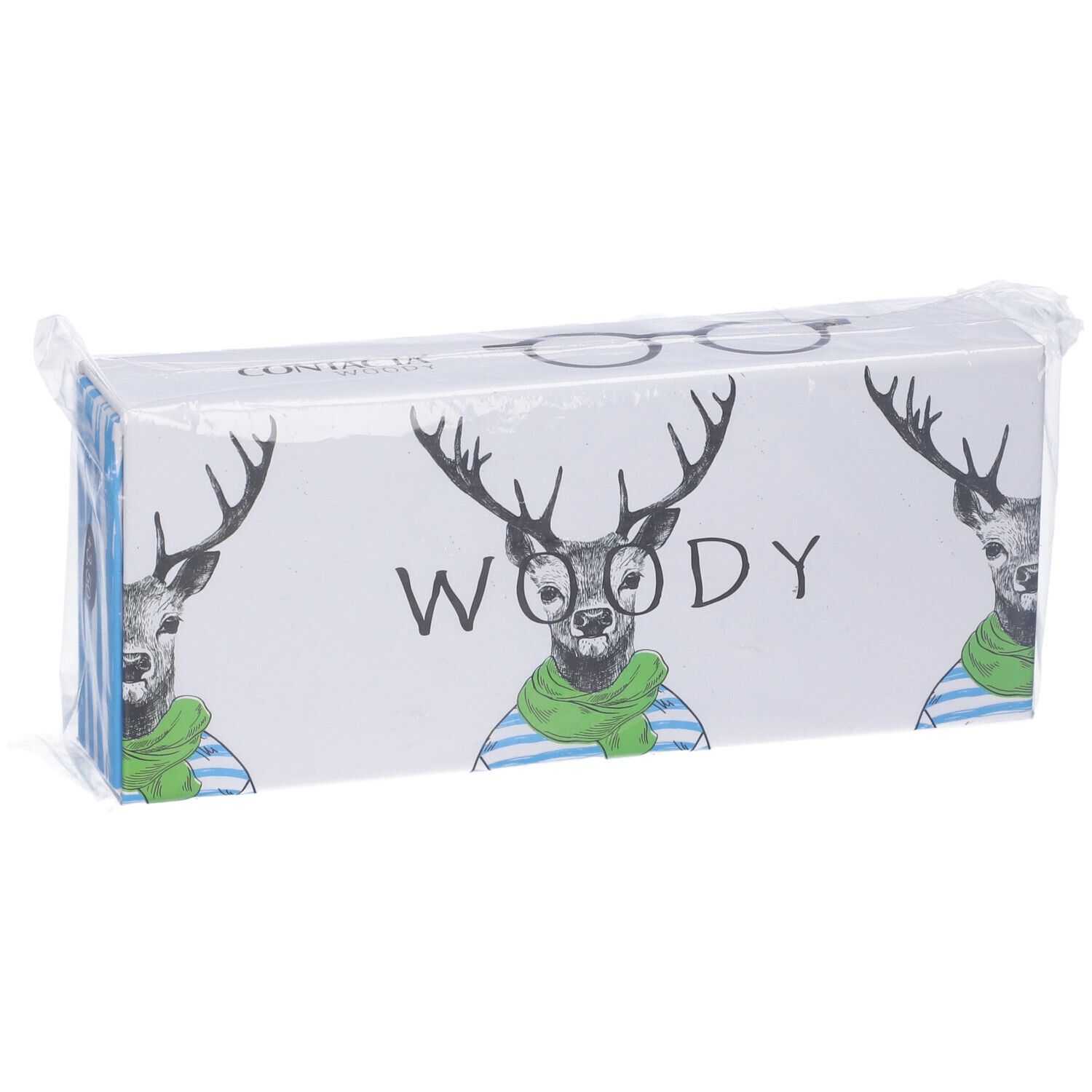 Confezione di occhiali con motivo cervo. Scritta "CONTACTA WOODY". Confezionato in plastica.