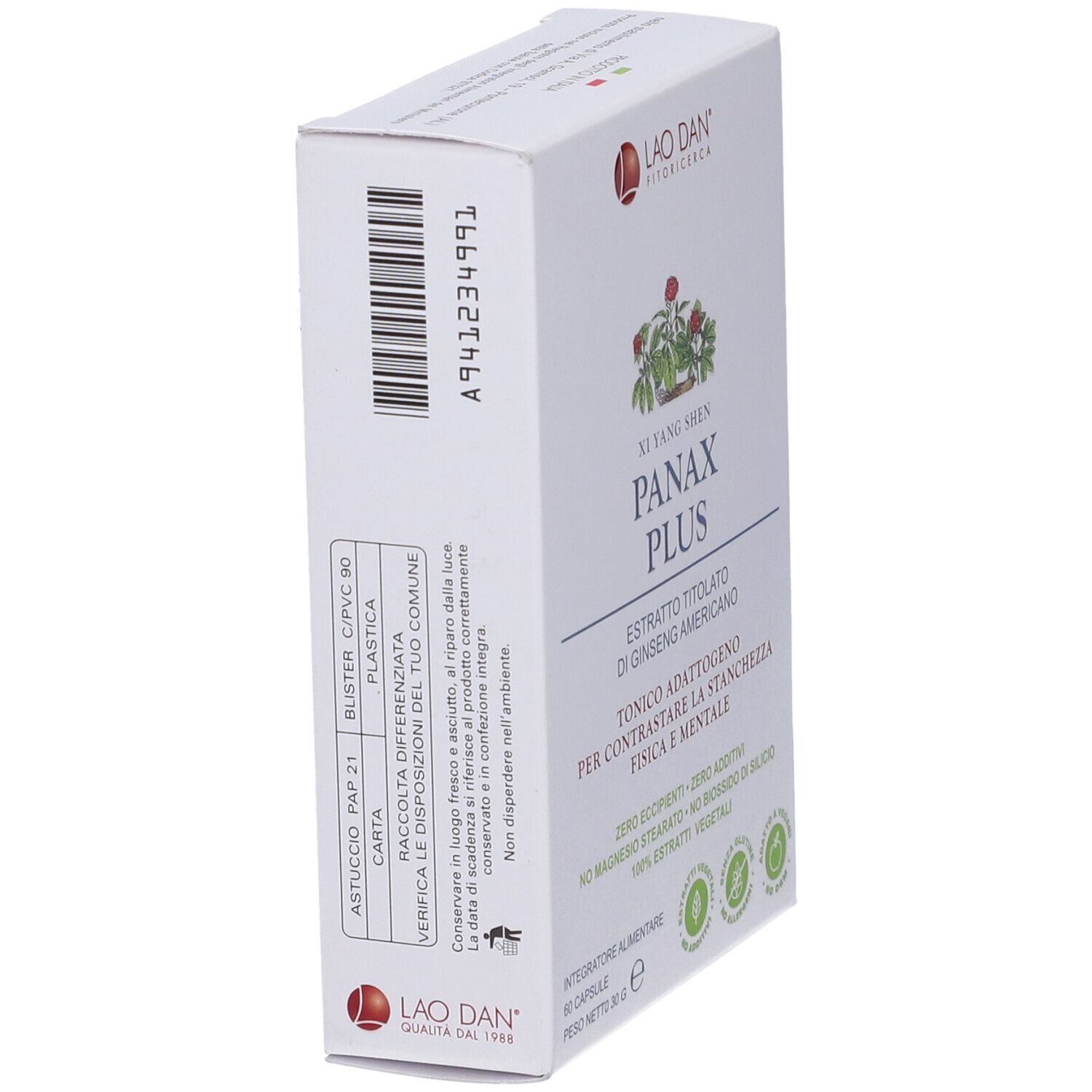 Scatola bianca, vista laterale. Codice a barre e testo. Logo Lao Dan. Testo: Panax Plus, Ginseng Americano.