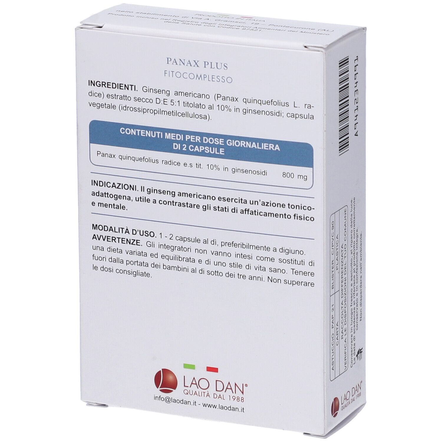 Retro della scatola bianca. Testo: ingredienti, dosaggio, avvertenze. Logo Lao Dan.