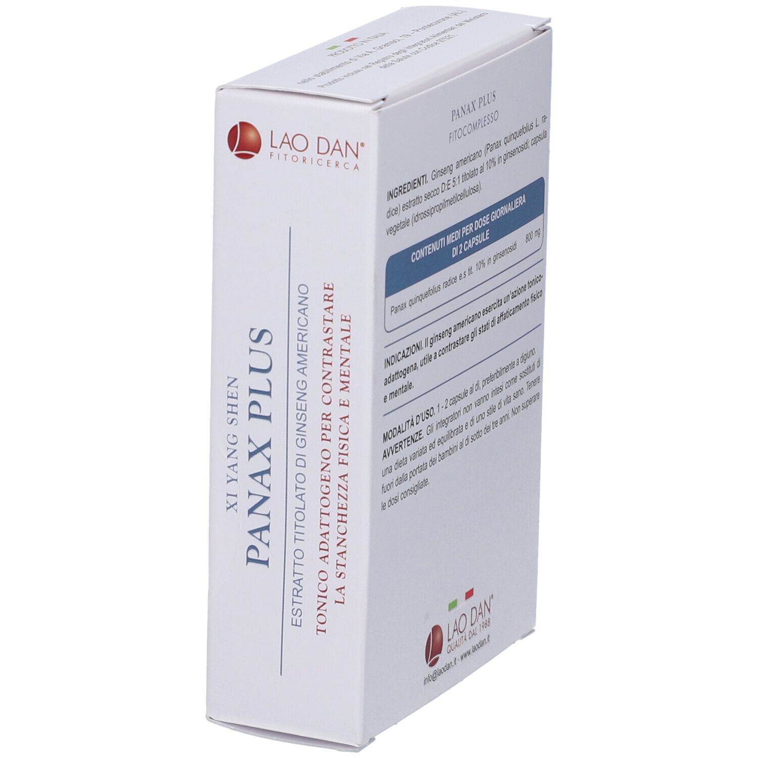 Scatola bianca, vista obliqua. Testo: Panax Plus, Ginseng Americano. Logo Lao Dan. Retro con testo.
