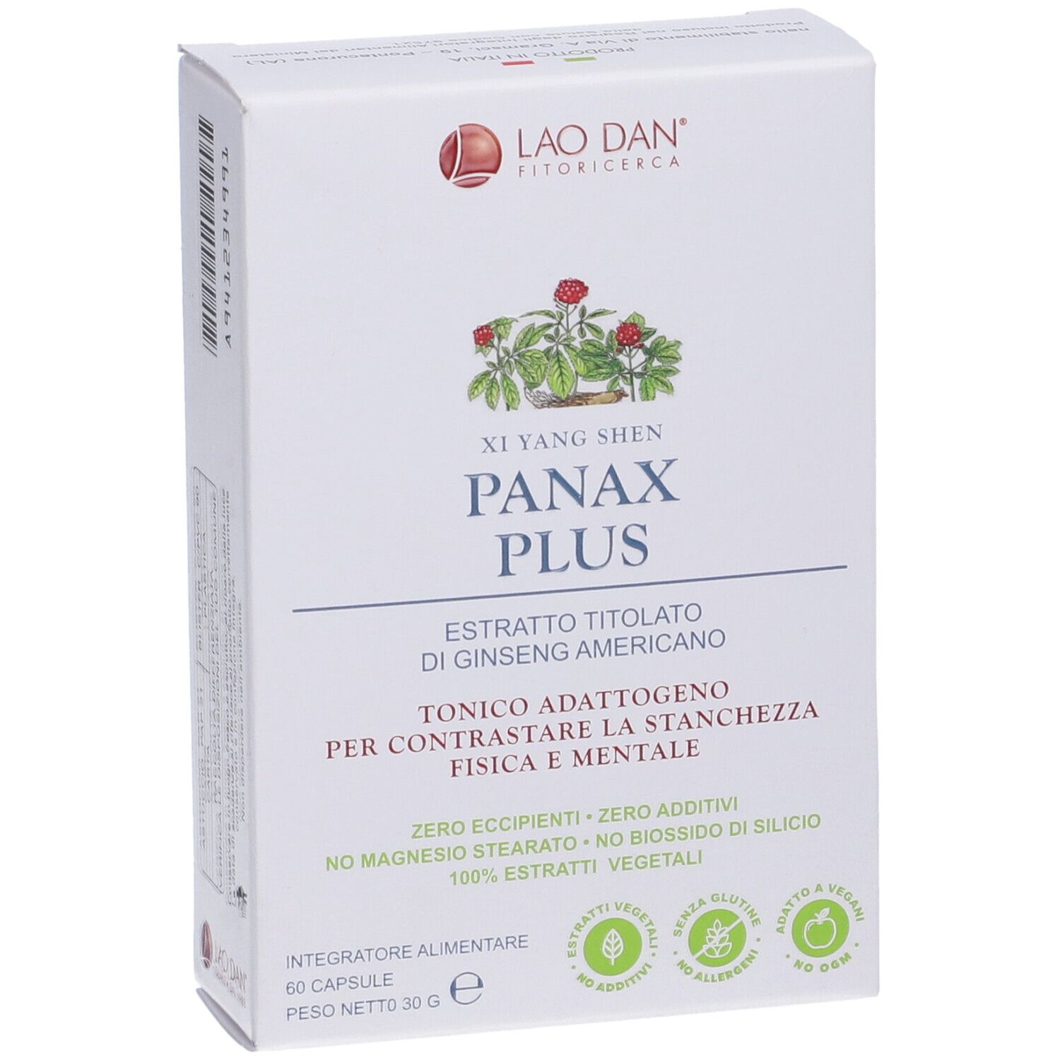 Scatola bianca con testo Panax Plus, Ginseng Americano, 60 capsule. Logo Lao Dan. Illustrazione pianta.