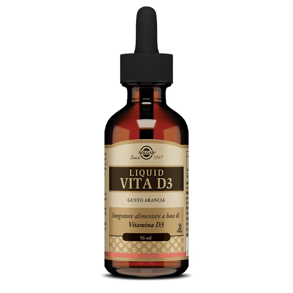 Flacone di vetro marrone con tappo nero e contagocce. Scritta: Liquid Vita D3, gusto arancia. Marchio Solgar.