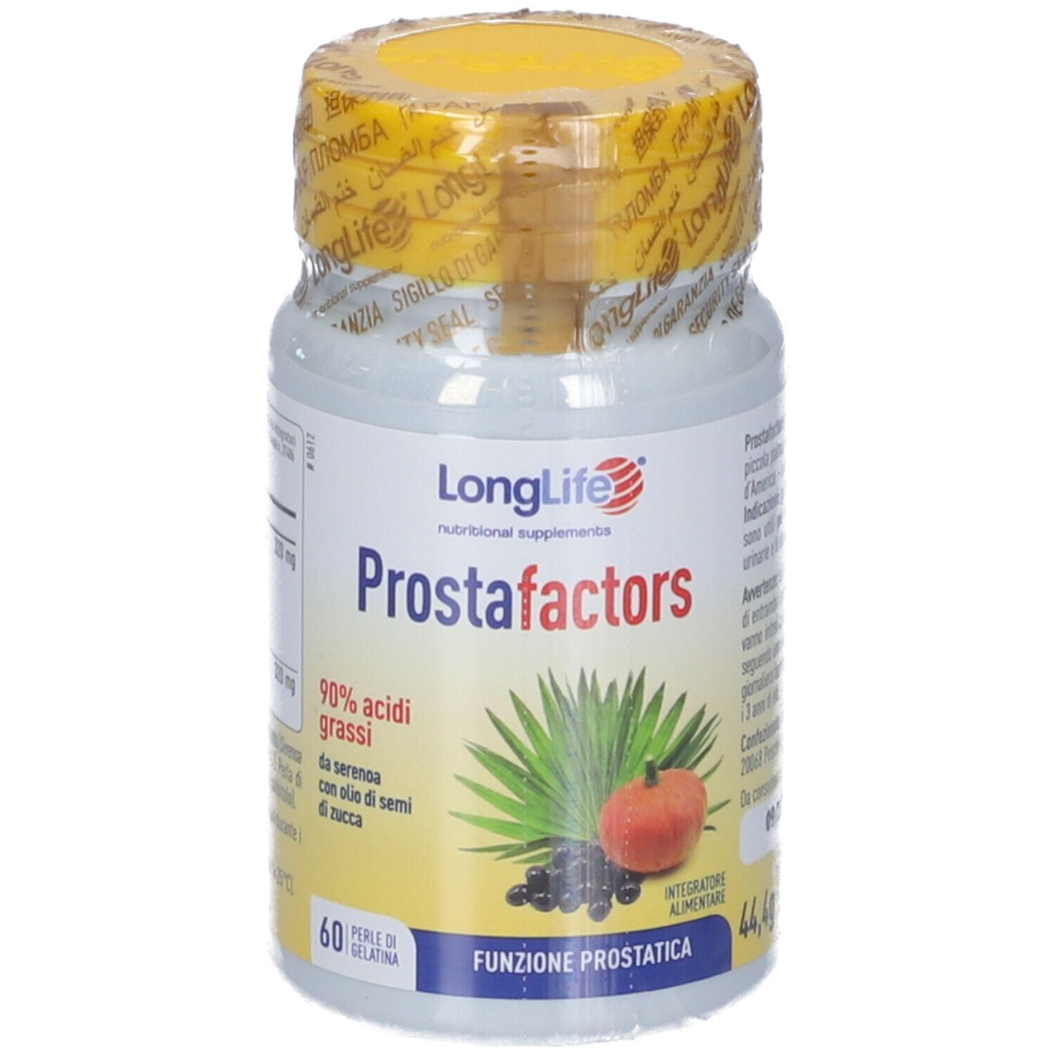 Flacone bianco, tappo giallo sigillato. Scritta: LongLife Prostafactors. Illustrazione: pianta, zucca, bacche. 60 capsule.
